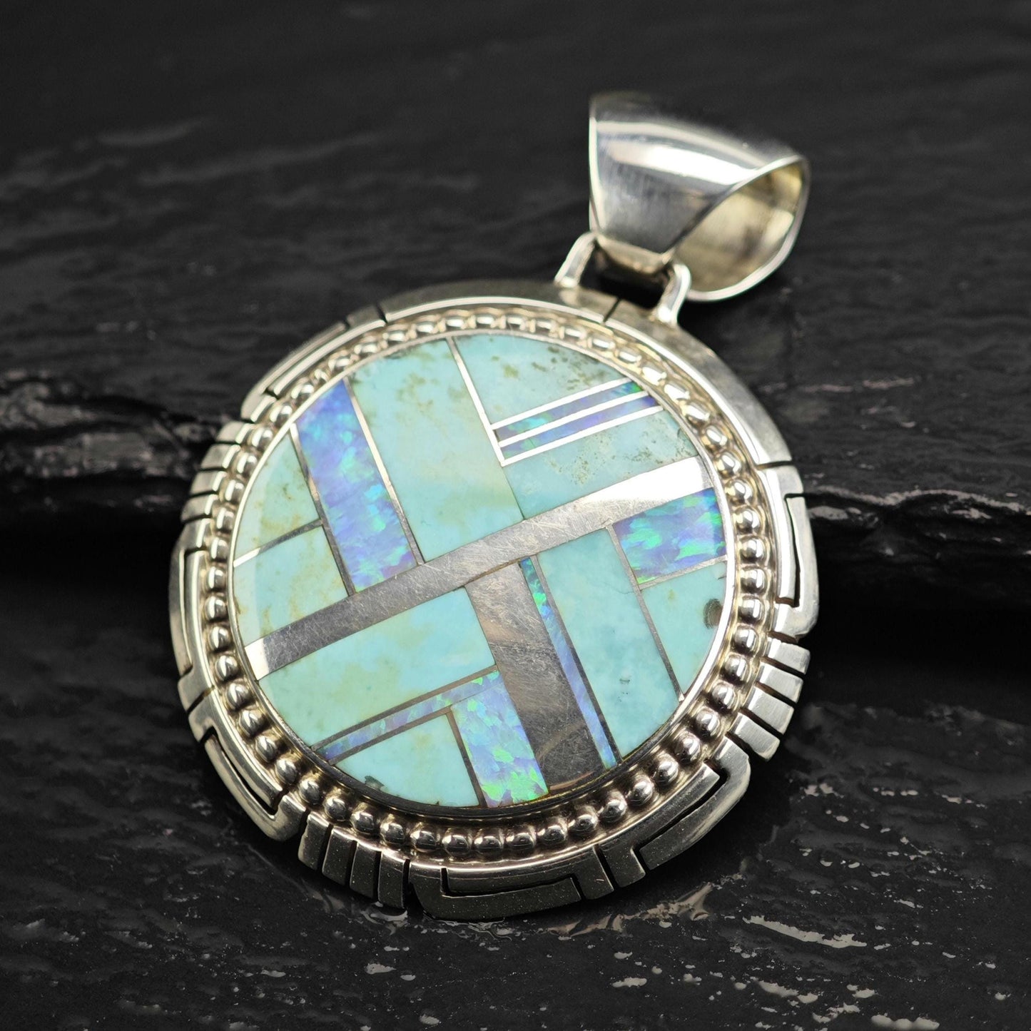 Large Turquoise, Opal Inlay Sterling Silver Pendant P3043