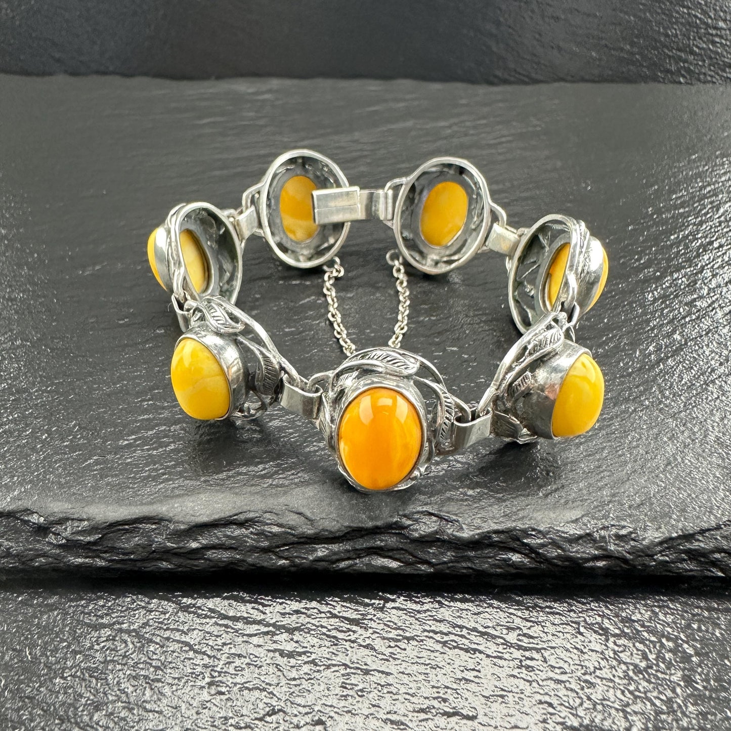 Baltic Amber Bracelet in Art Nouveau Style Yellow Opaque Sterling Silver