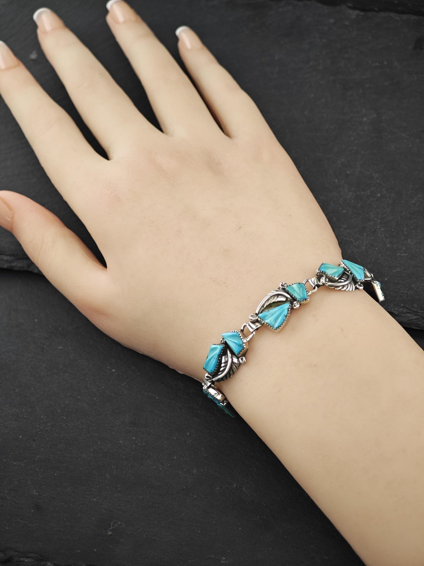 Zuni, Native American Carved Turquoise Bracelet Sterling Silver