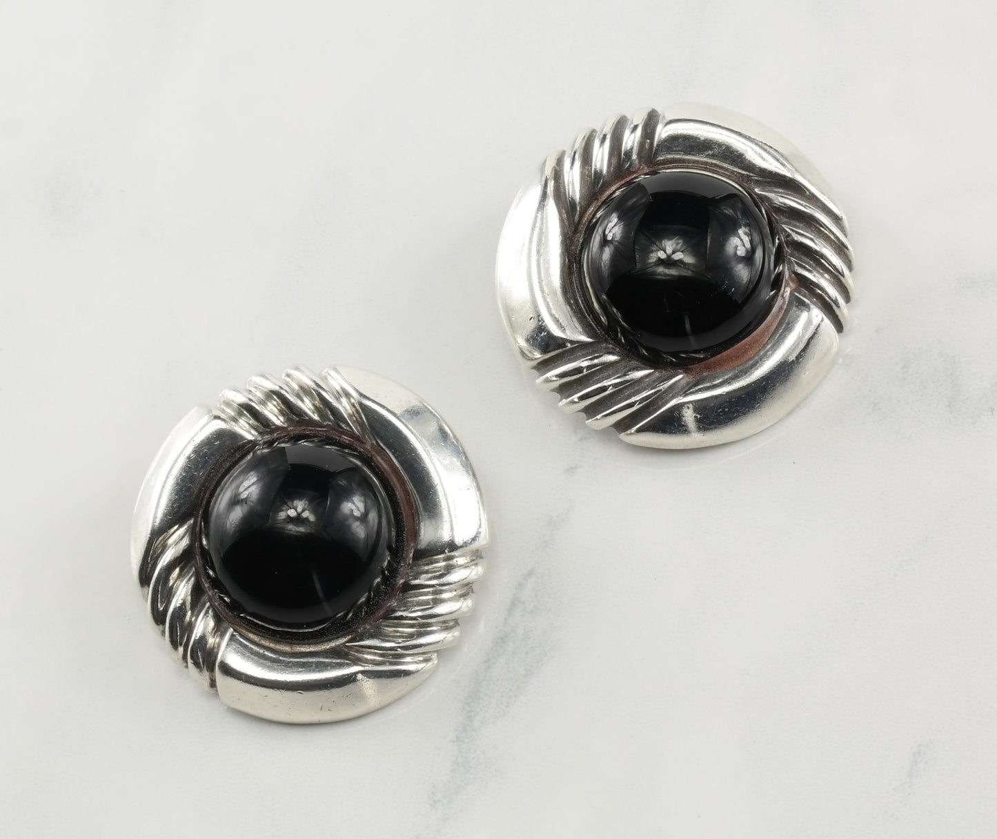 Modernist Sterling Silver Black Onyx Earrings Clip On