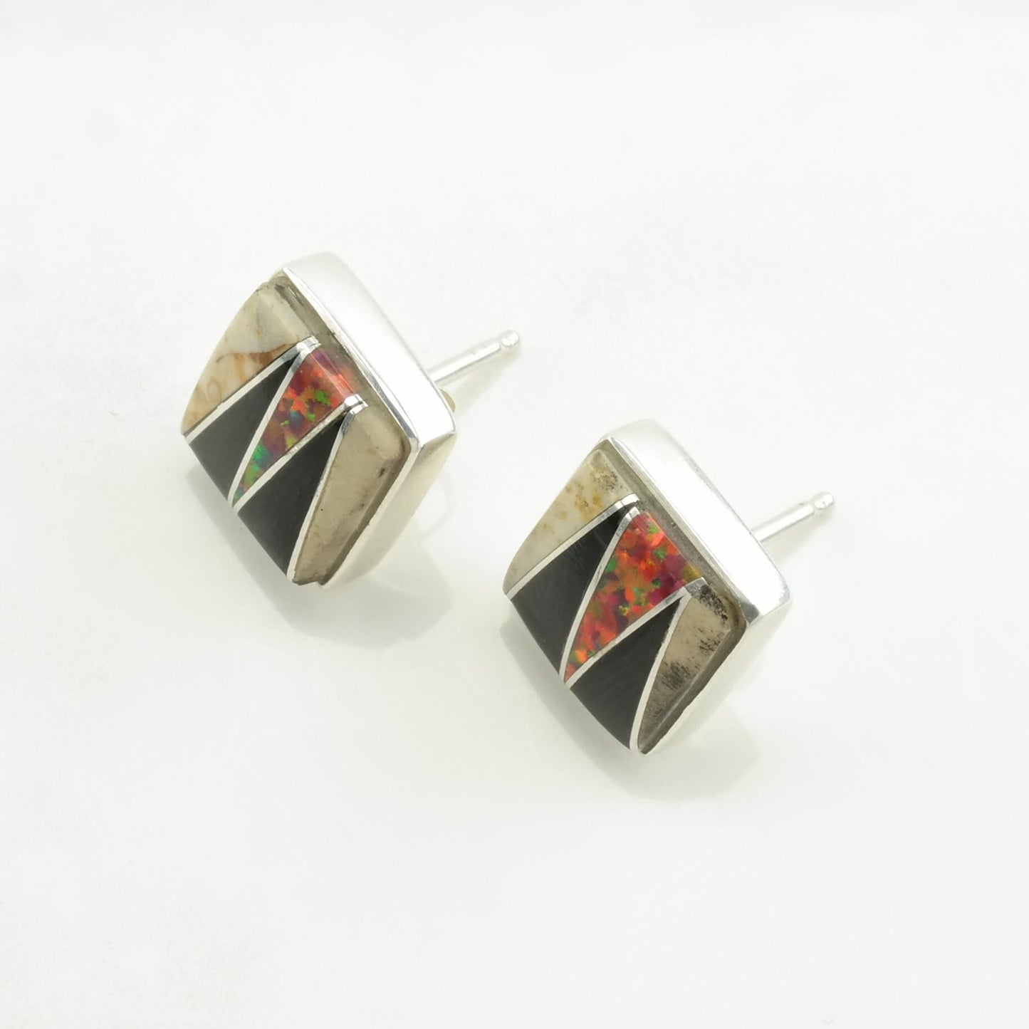 Sterling Silver Black Onyx, Lab Opal, Stone Inlay Earrings Stud