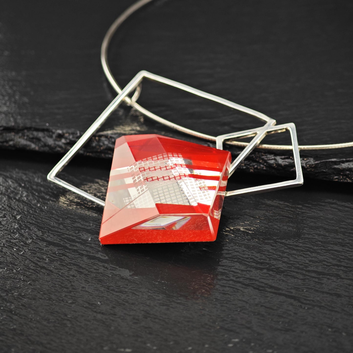 Pavel Novak Sterling Silver Red Glass Abstract, Modernist Necklace