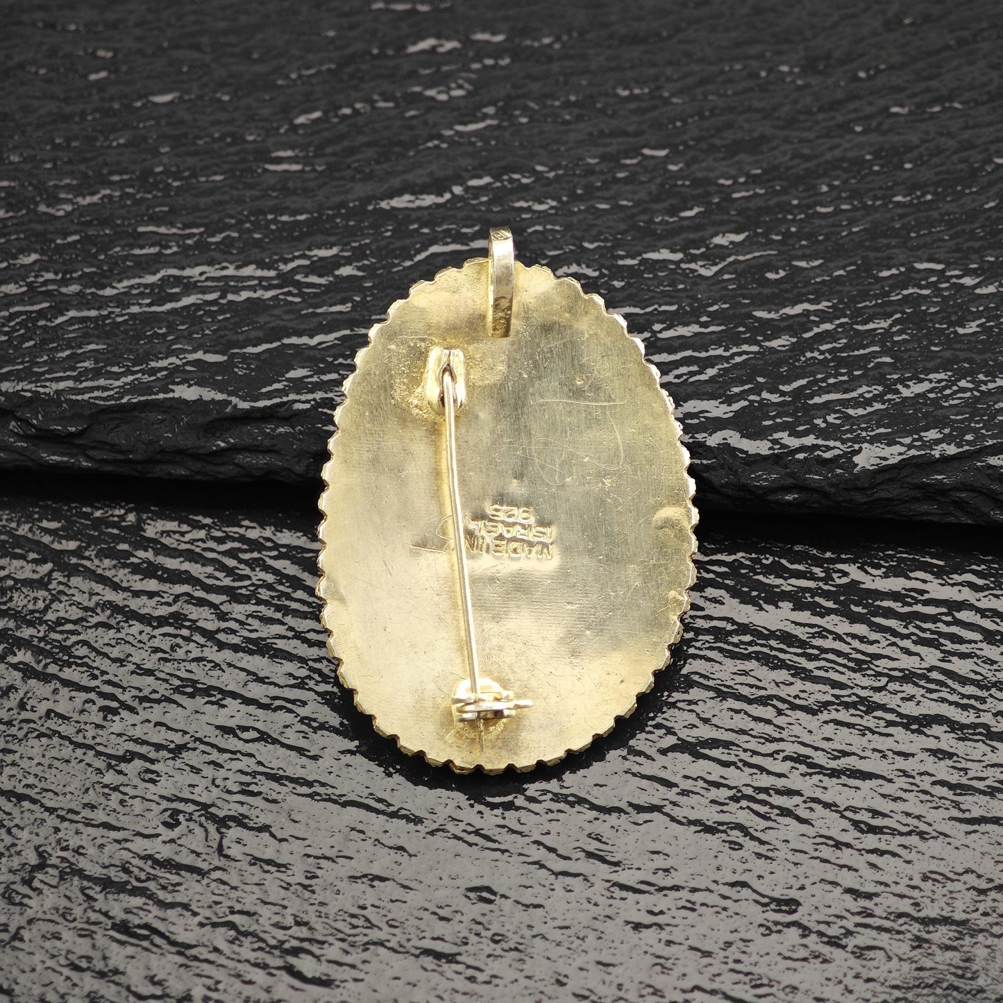 Eilat Stone Pendant/Brooch in Sterling Silver, Gold Gilded with Imitation Pearls