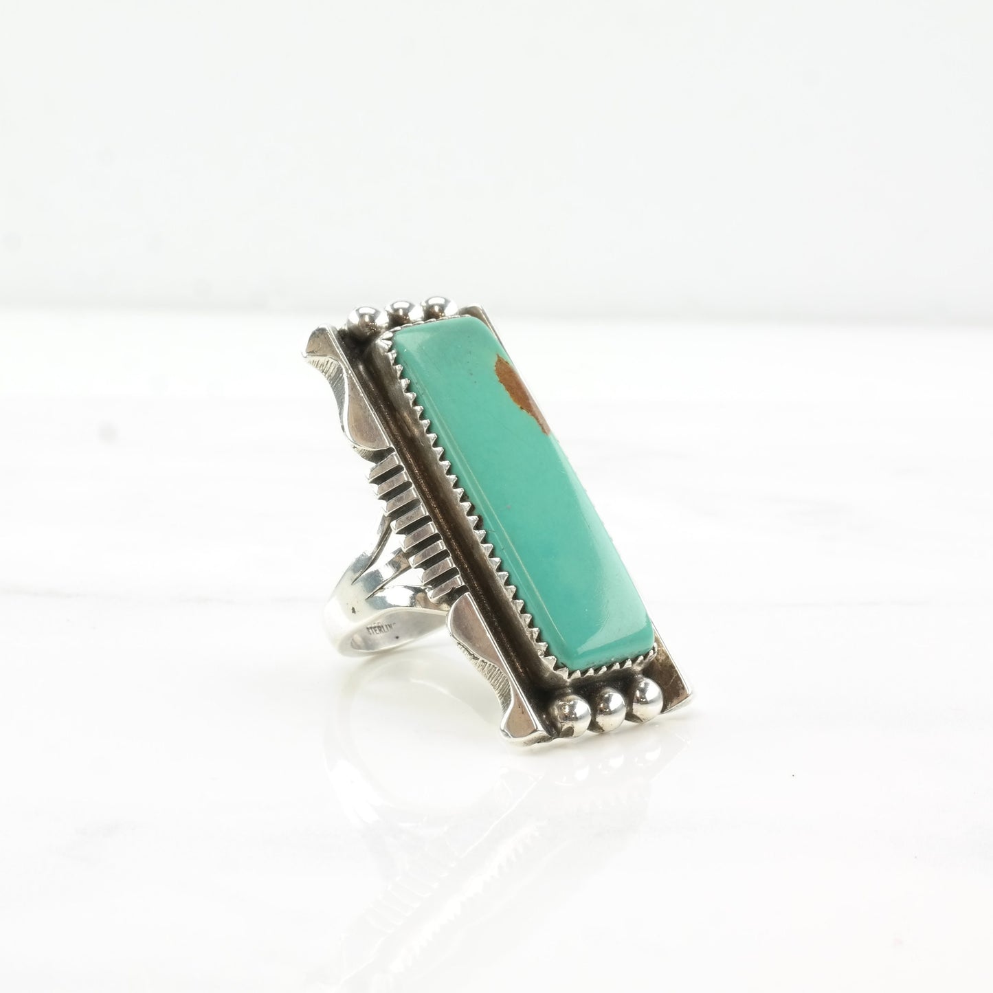 Native American Silver Ring Turquoise Long Rectangle Shadowbox Sterling Size 8 1/2