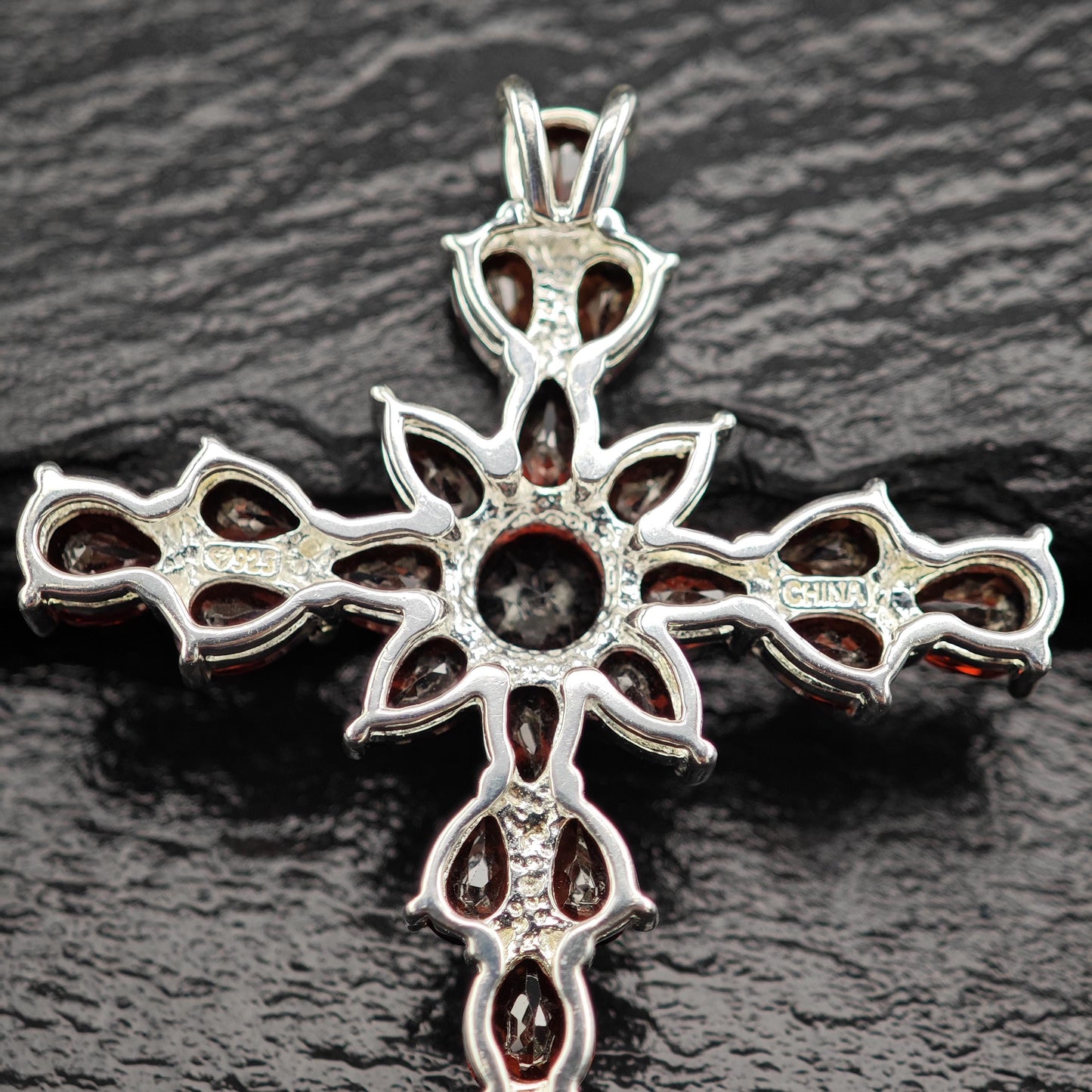 Vintage Garnet Cross Pendant Sterling Silver