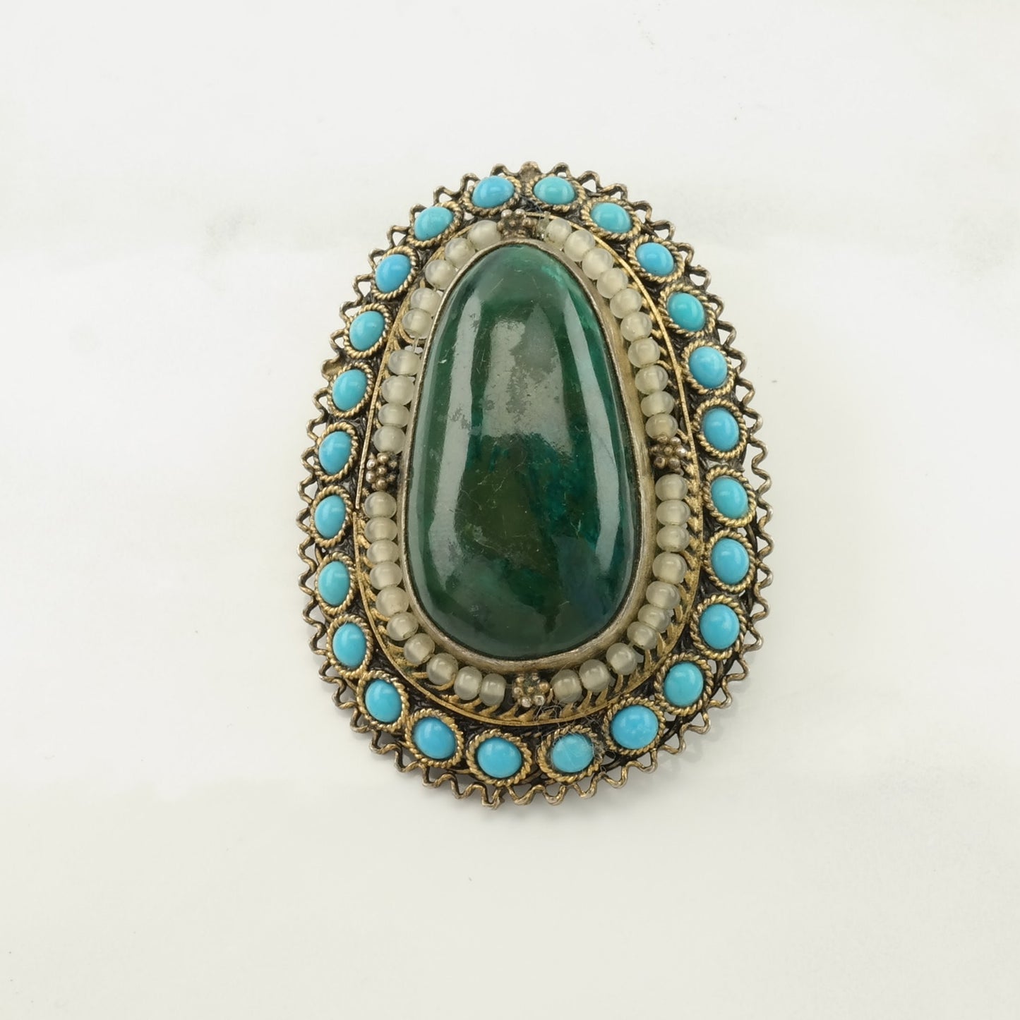 Israel Sterling Silver Brooch Pendant Filigree Blue, Green Created Turquoise, Eilat Stone