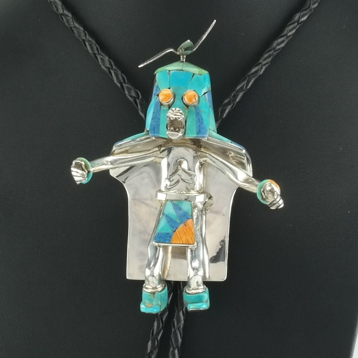 Native American Bolo Tie Sterling Silver Turquoise Inlay Kachina Necklace Attr. Carlos White Eagle