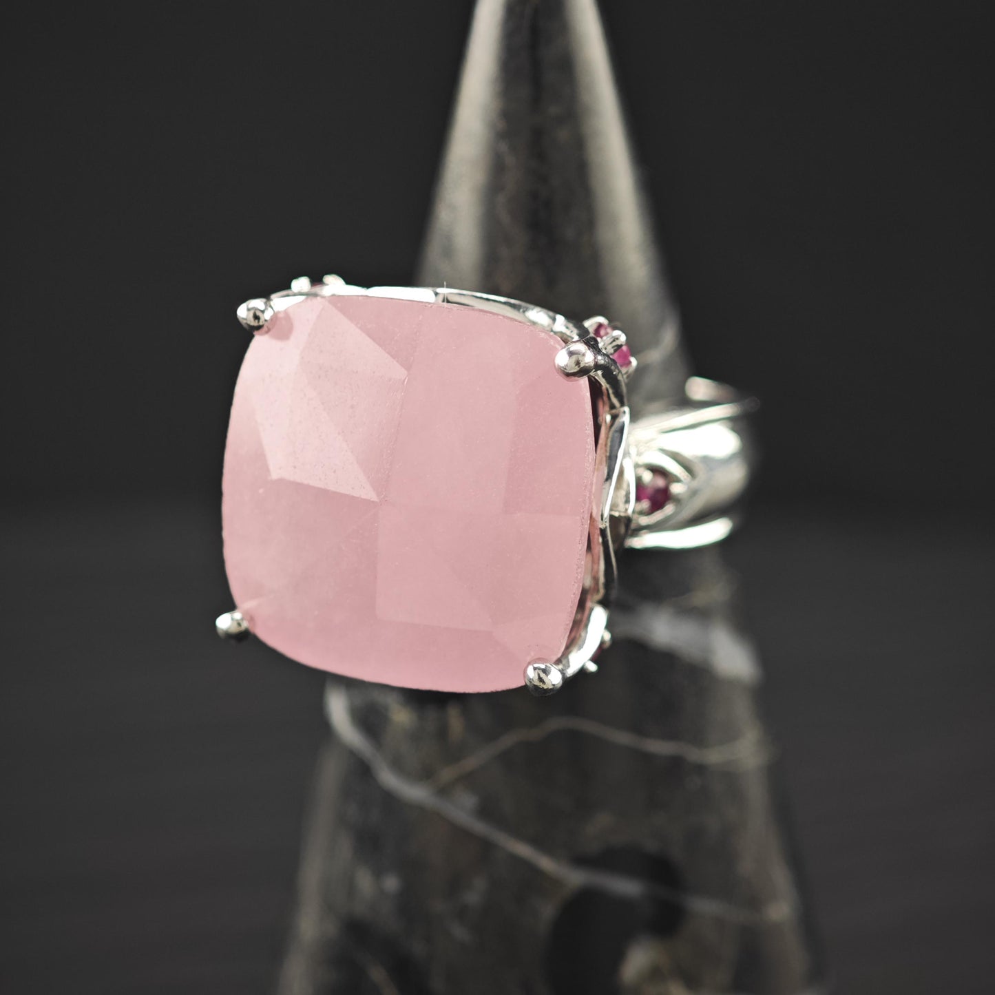 Large Faceted Pink Gemstone, Ruby Accents Ring Sterling Silver Size 8