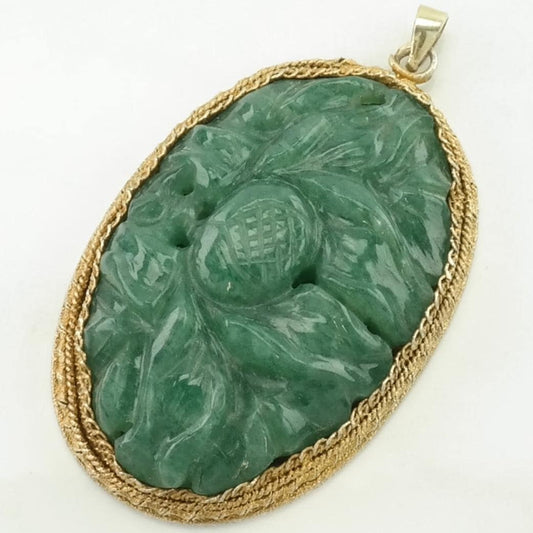 Vintage Chinese Export Jade, Quartzite Carved Flowers, Gold Gilded Sterling Silver Pendant