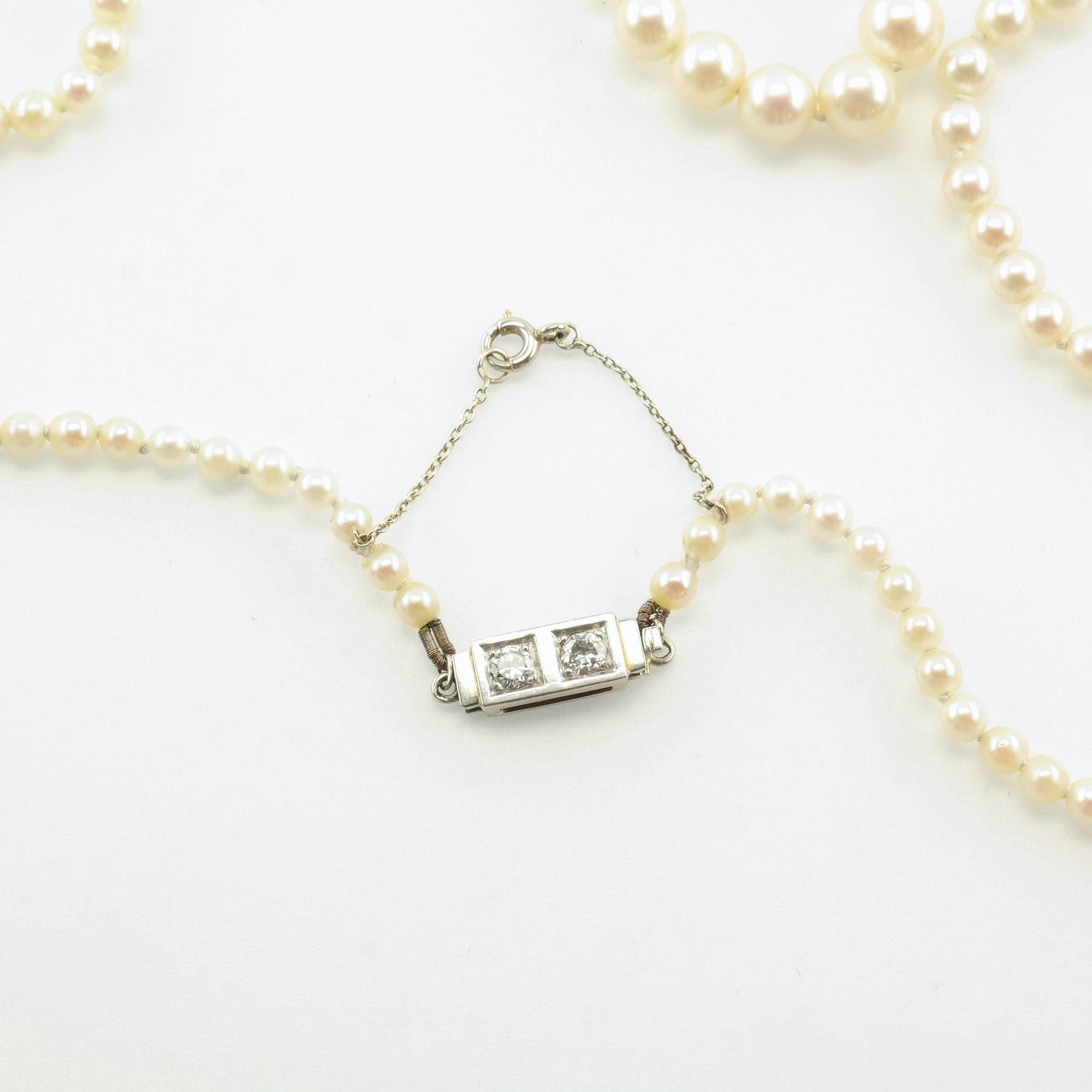 Art Deco Diamond Graduating Pearl Strand Necklace 14k White Gold 17 7/8" N1976