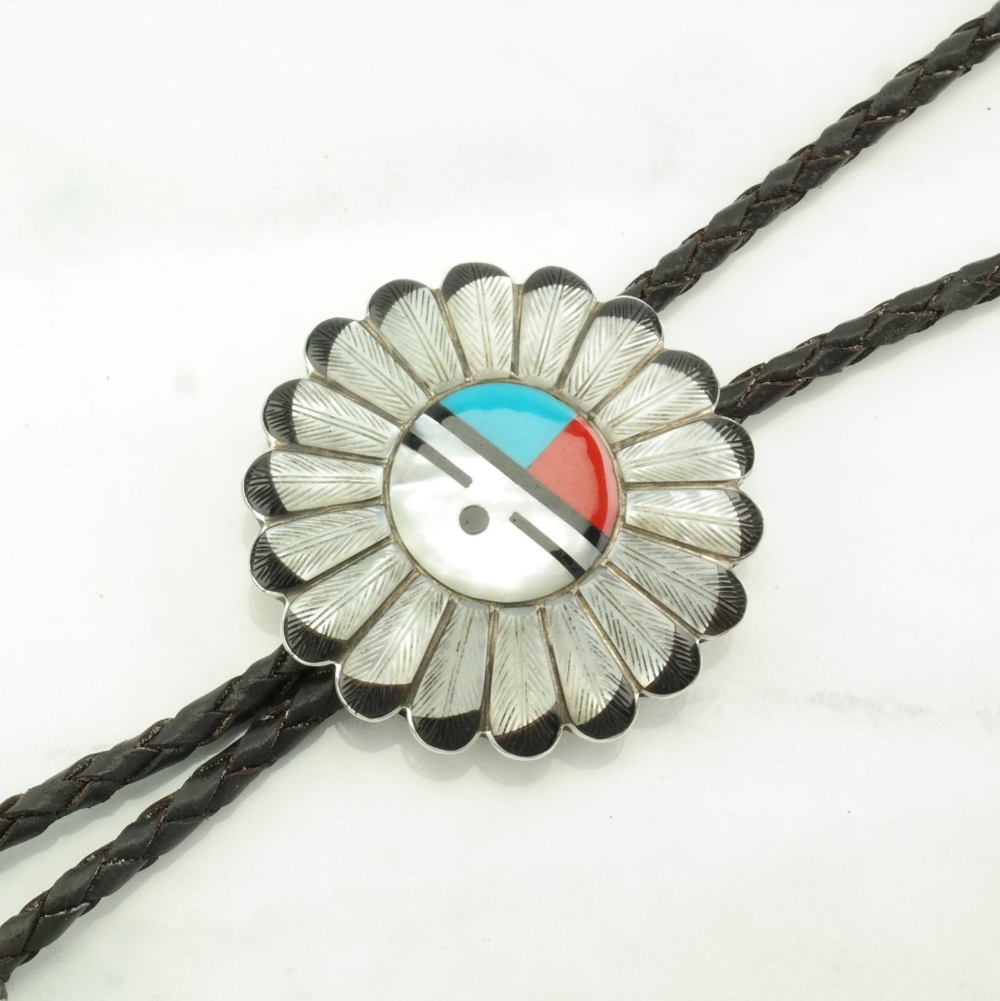 Vintage Bolo Tie Native American Sterling Silver Feather, Sun Inlay Necklace