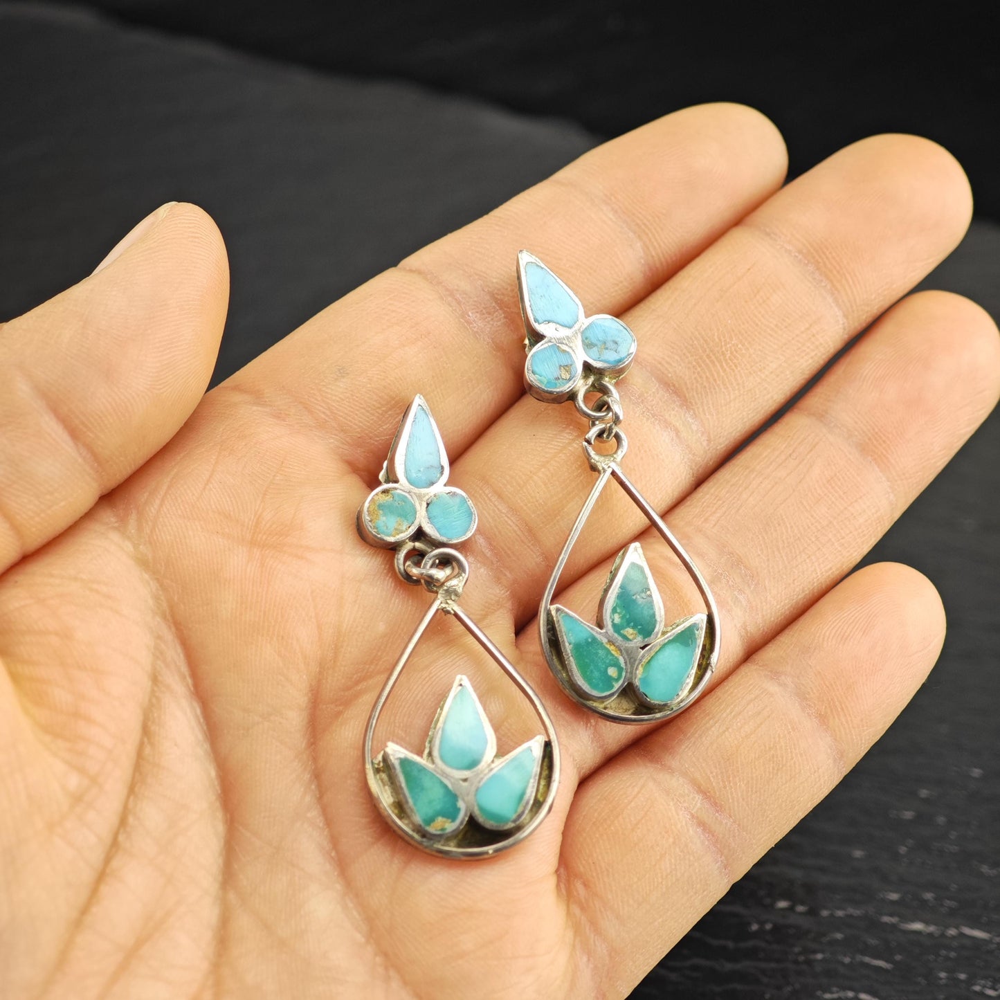 Vintage Zuni, Native American Turquoise Inlay Stud Sterling Silver Earrings ER3172