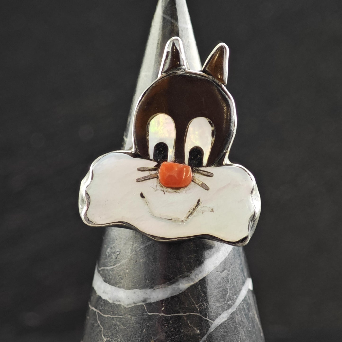 Perry Spencer Navajo Cartoon Cat Inlay Sterling Silver Ring Sz 6 1/4 R6568
