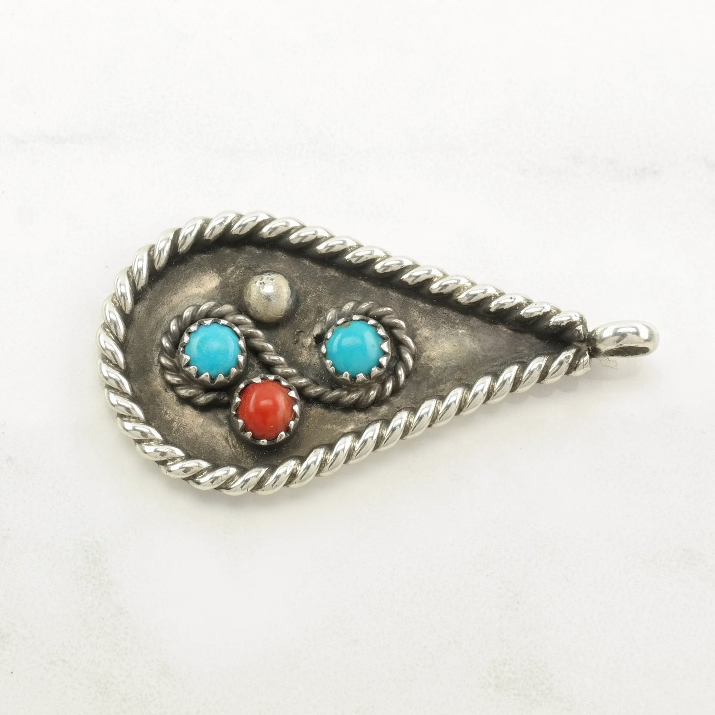 Native American Turquoise, Coral Shadowbox Sterling Silver Pendant