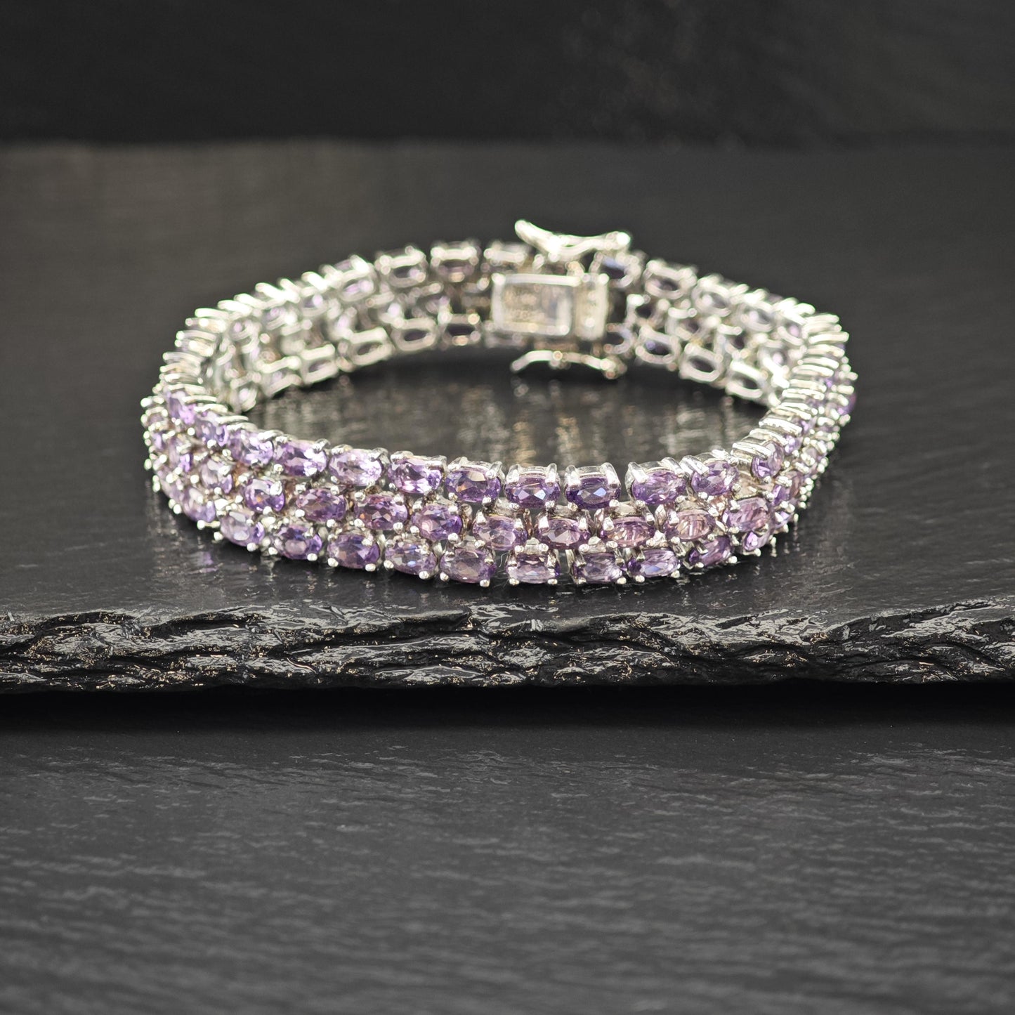 Amethyst Triple Strand Line Bracelet Sterling Silver Size 7"