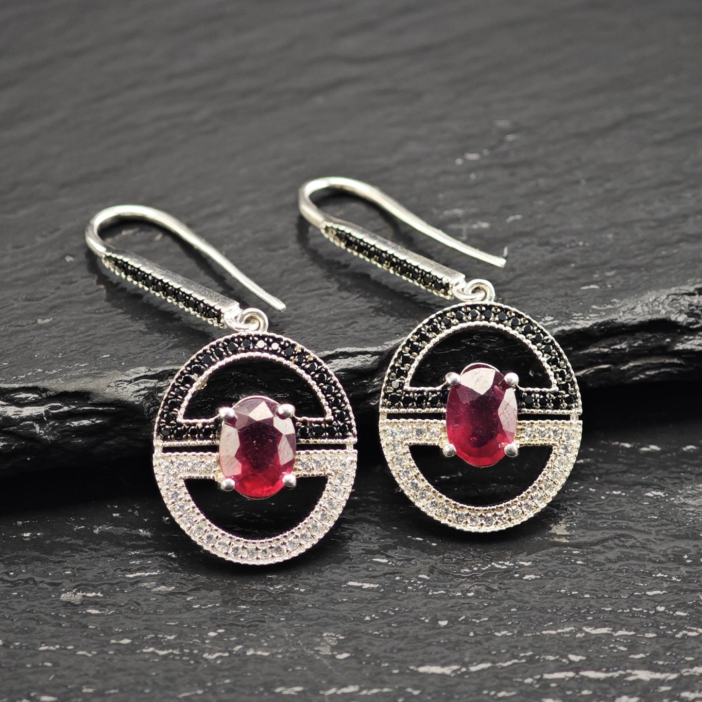 Glass Filled Ruby Spinel Dangle Hook Sterling Silver Earrings ER3109
