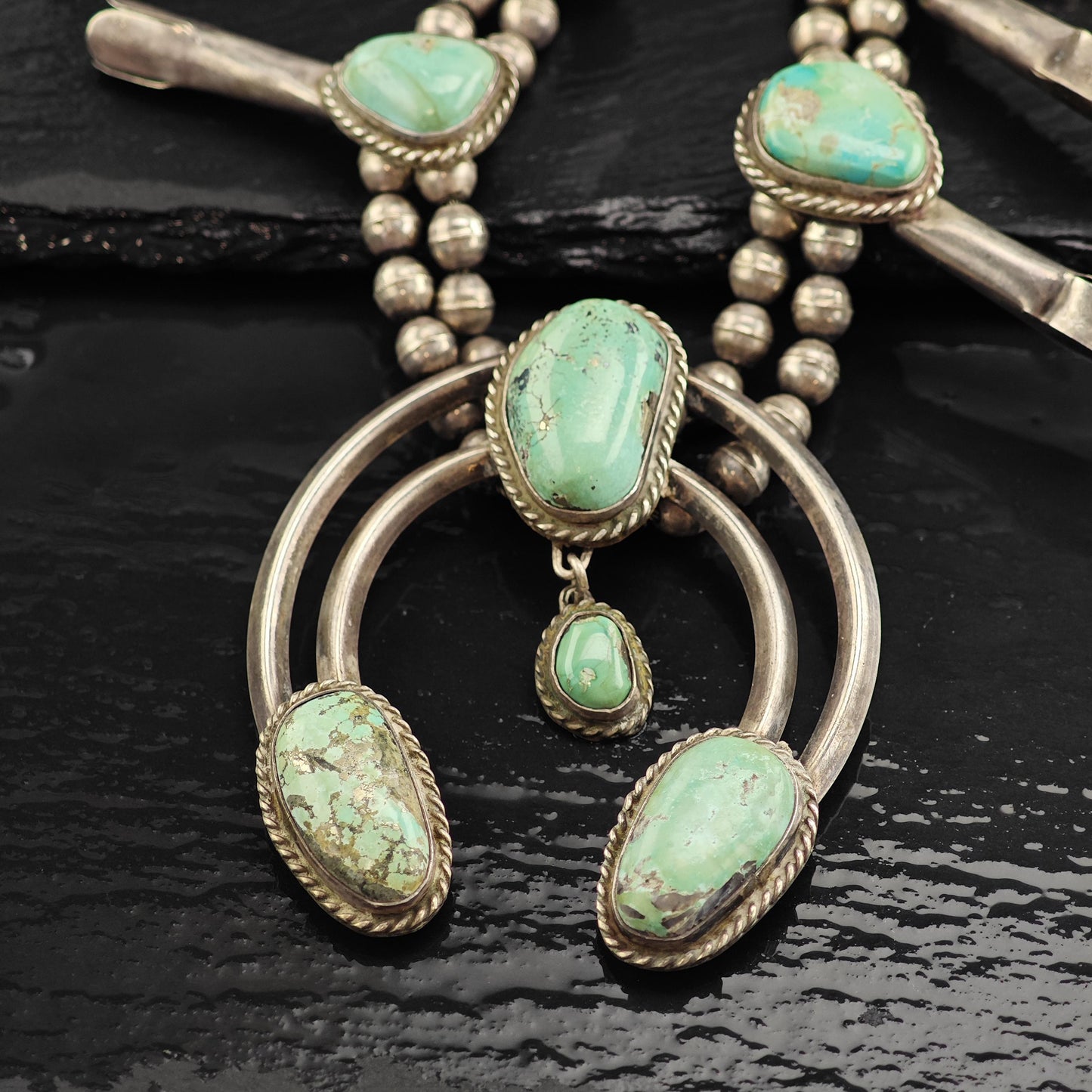 Vintage Southwest Turquoise Sterling Silver Squash Blossom Necklace N2720