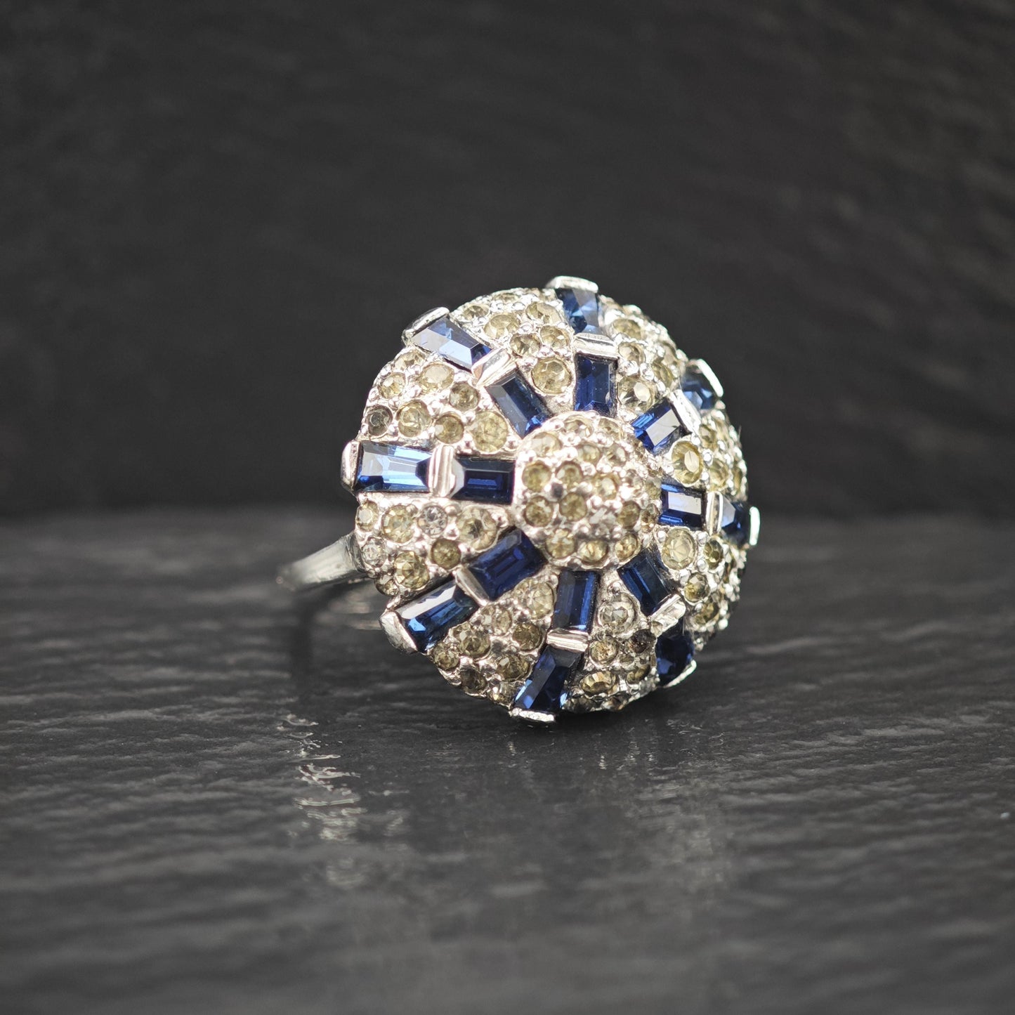 Art Deco Blue and White Dome Ring Sterling Silver Shank