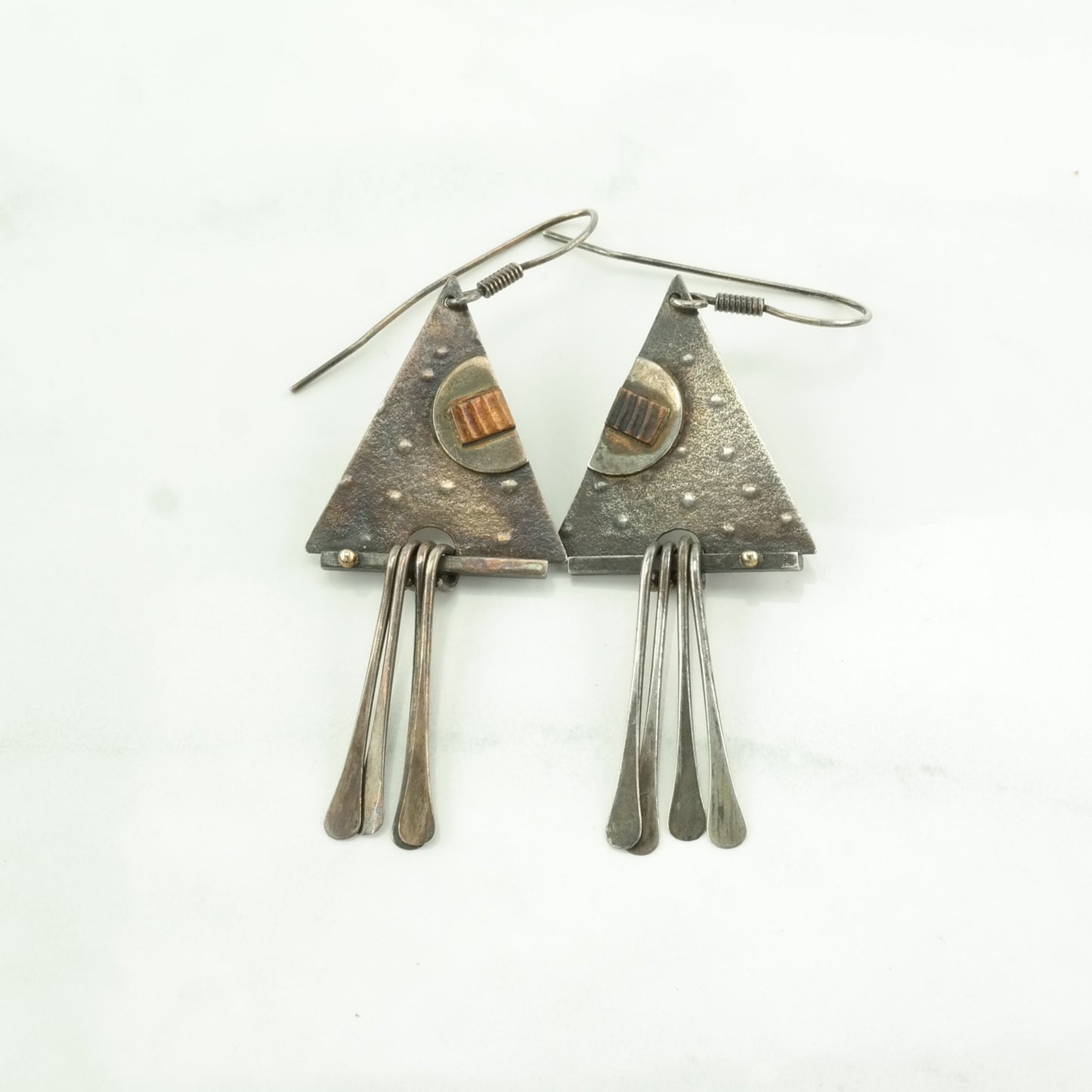 Vintage Sterling Silver Fish Hook/Dangle Earrings MCM, Modernist Abstract Triangular, Copper Inlay
