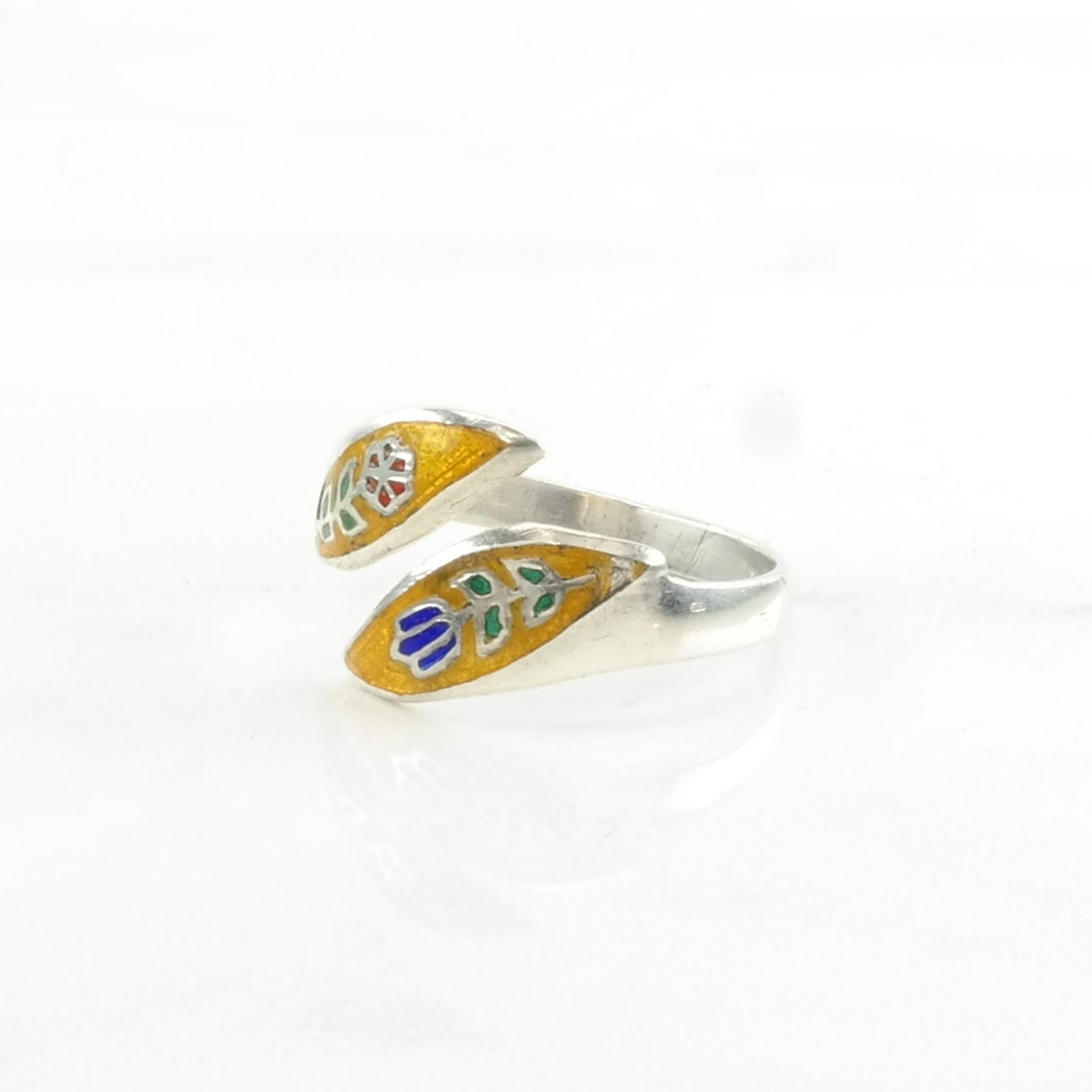 Siam Silver Ring Enamel Floral, Bypass Sterling Yellow Size 9