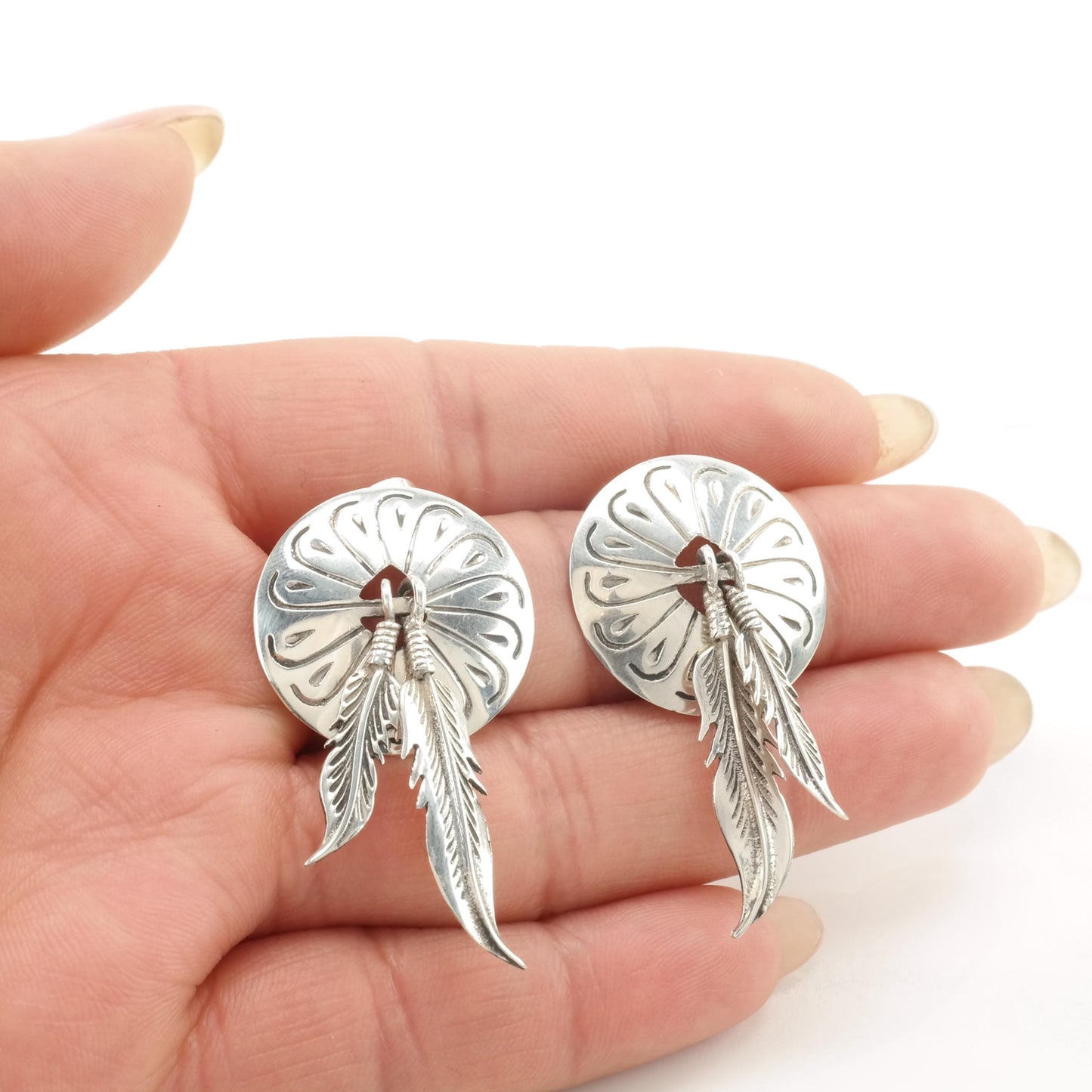 Vintage Concho Feather Stud Earrings Sterling Silver Stamped