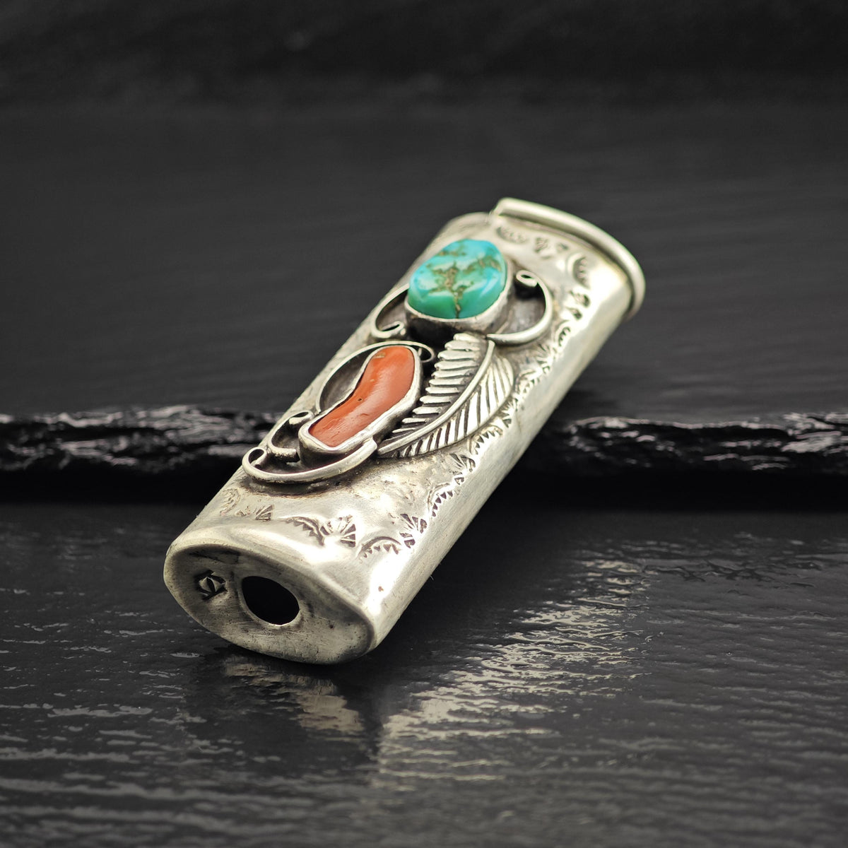 Native American Lighter Cover Turquoise Coral Feather Design Sterling Silver MISC0404