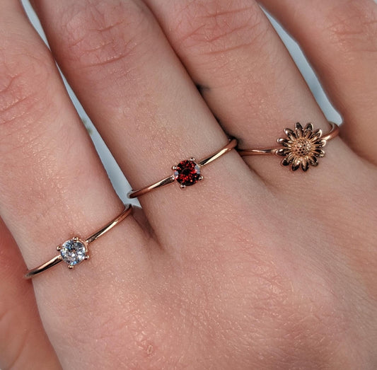 Rose Gold over Silver Rings, Colorful CZ Stones, Sizes 5-8, Minimalist Stacking Jewelry, Vintage Solitaire Rings, Gift for Her