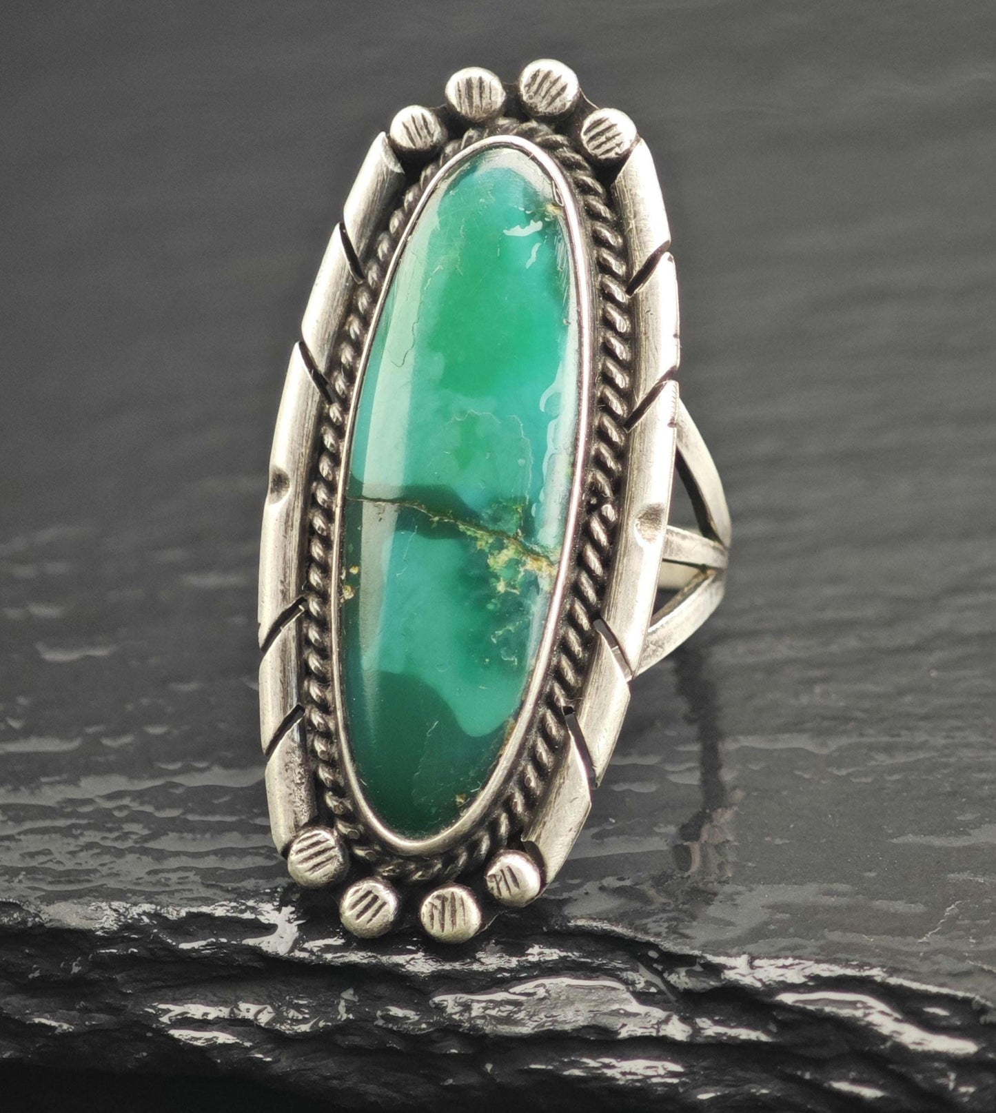 Long Oval Green Turquoise Sterling Silver Ring Sz 6 3/4 R6669