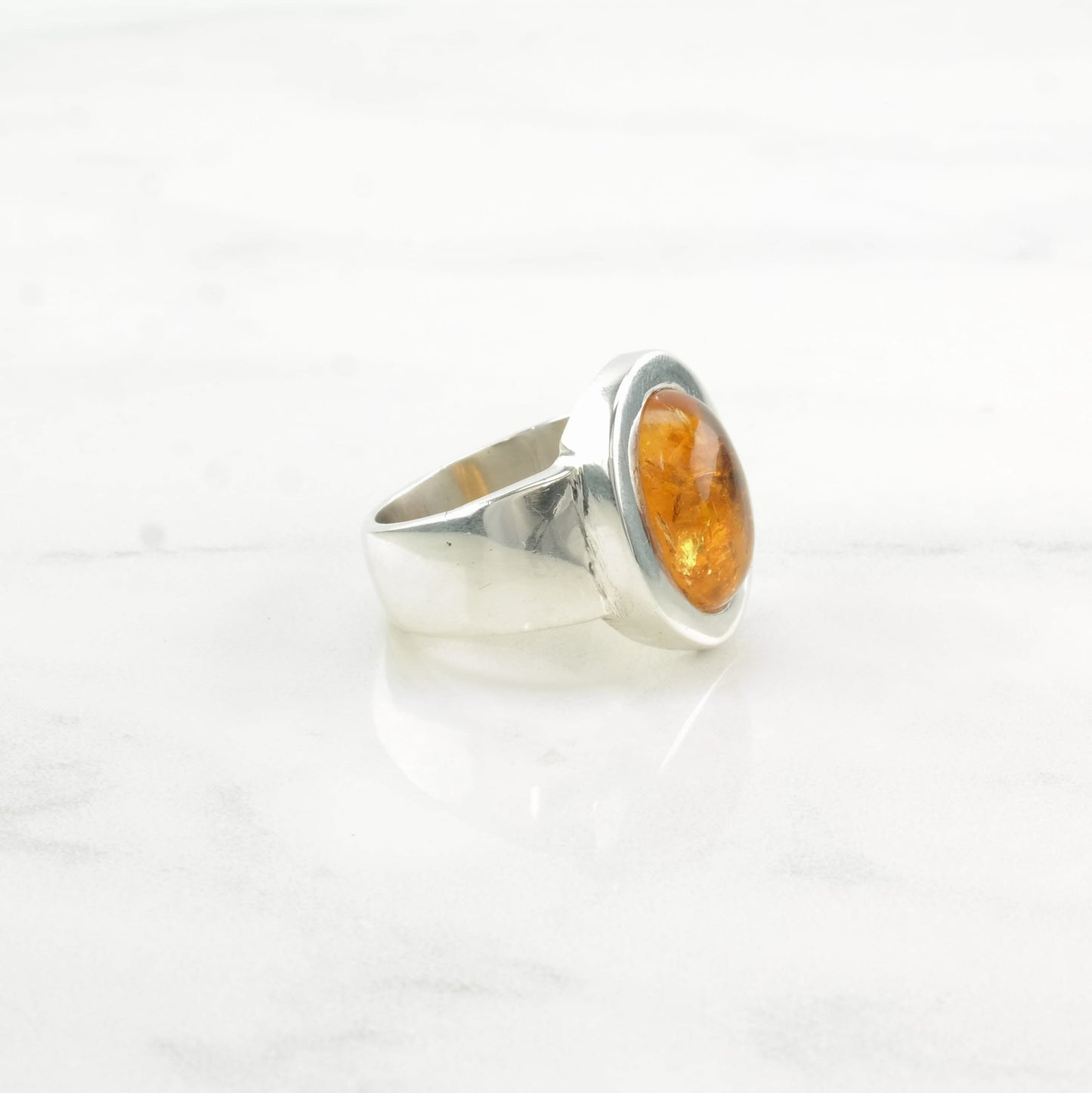 Sterling Silver Ring Baltic Amber Wide Band Orange Size 7 1/2