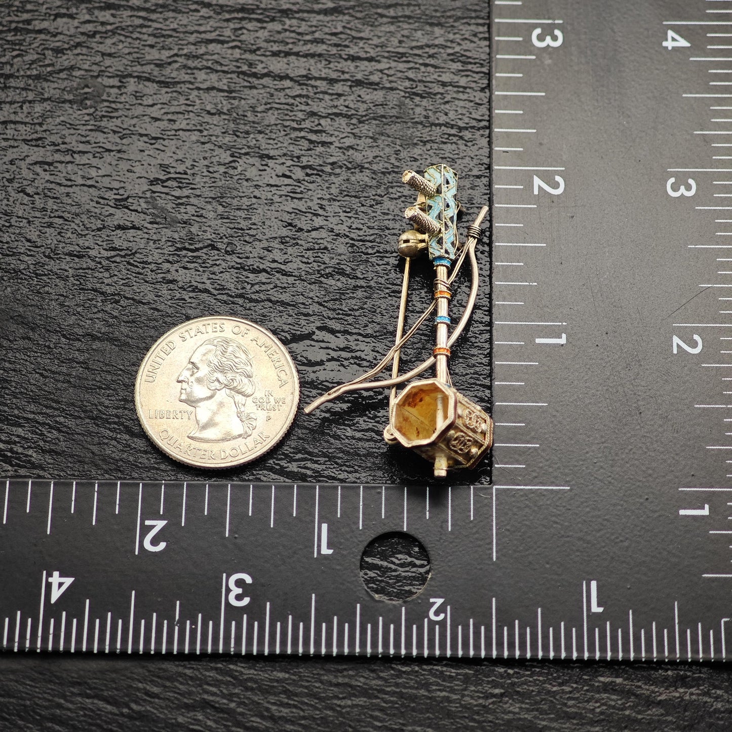 Chinese Export Erhu, Musical Instrument Enamel Brooch/Pendant Sterling Silver