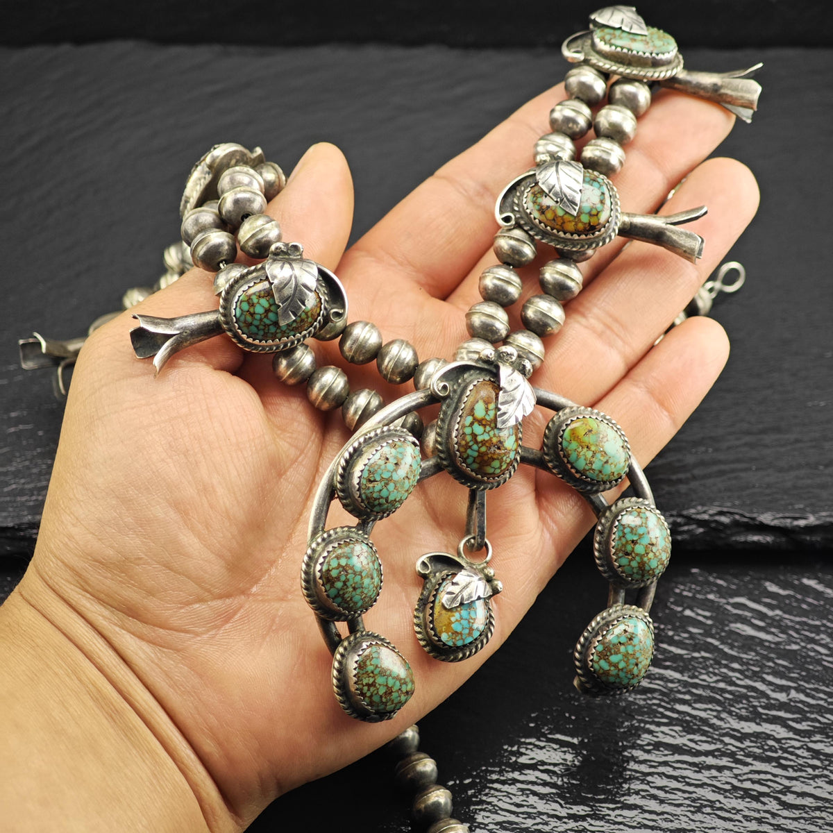 Vintage Navajo, Native American Royston Spiderweb Turquoise By Rose A. Chee Sterling Silver Squash Blossom Necklace N2767
