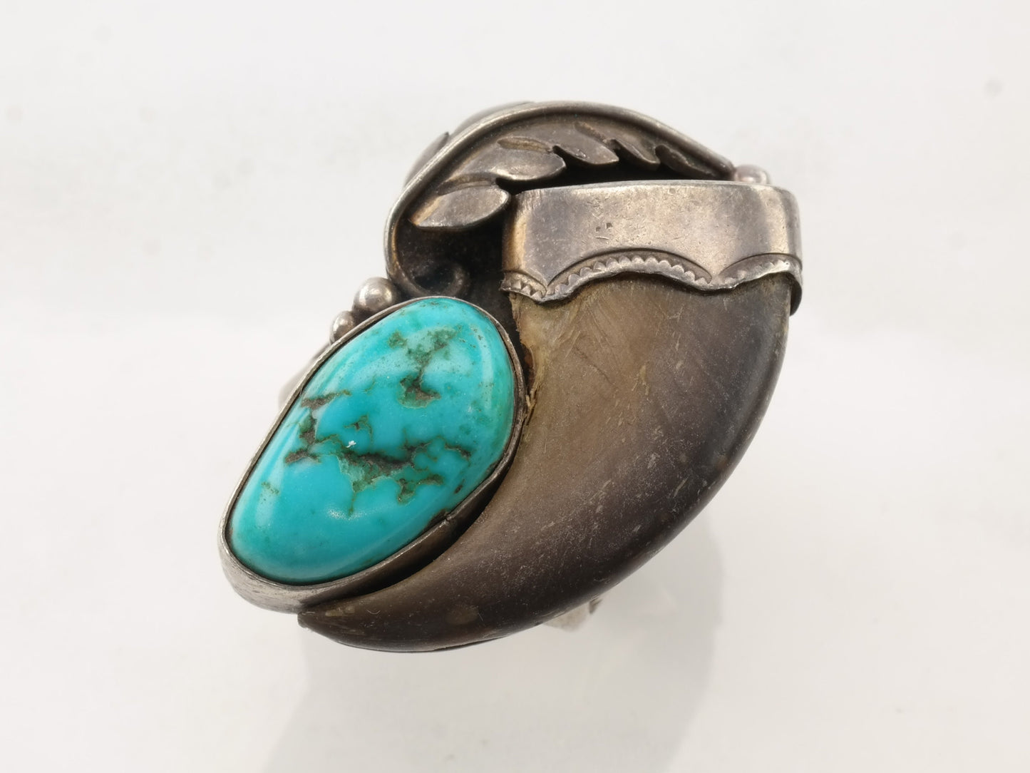 Native American Sterling Silver Ring Turquoise Leaf Size 10