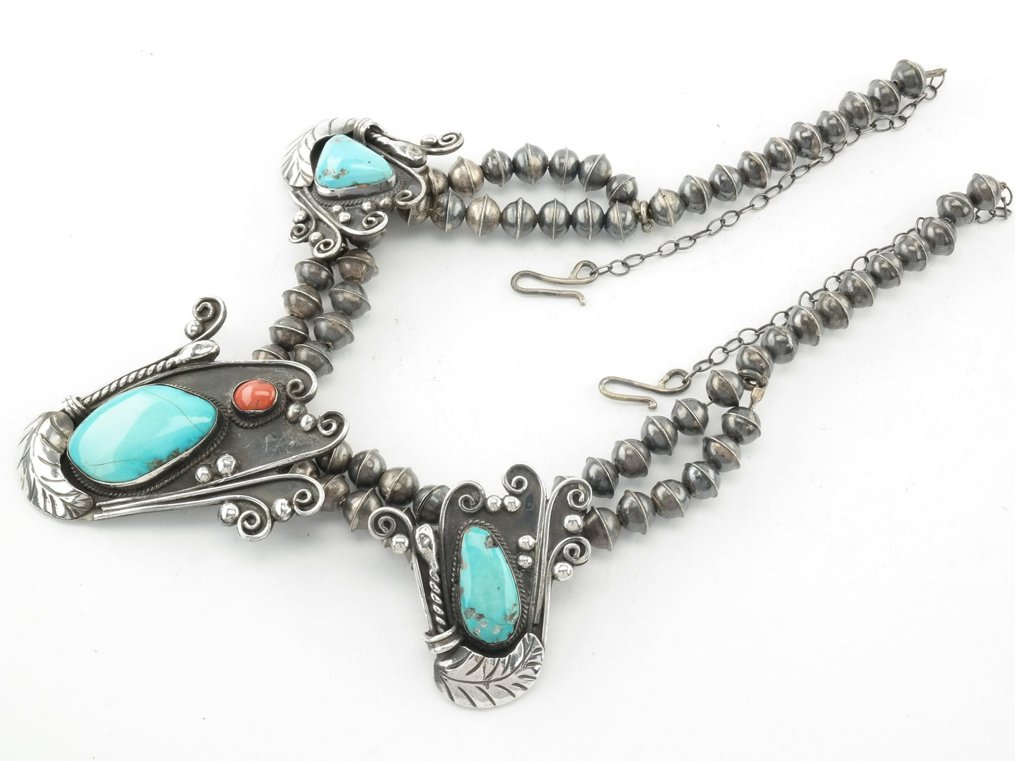 Vintage Native American Sterling Silver Turquoise Coral Feather Necklace