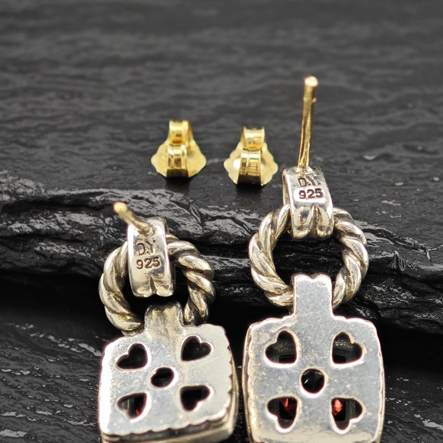 Vintage David Yurman Red Garnet, Two-tone, 10k & 14K Gold Post Sterling Silver Stud/Dangle Earrings