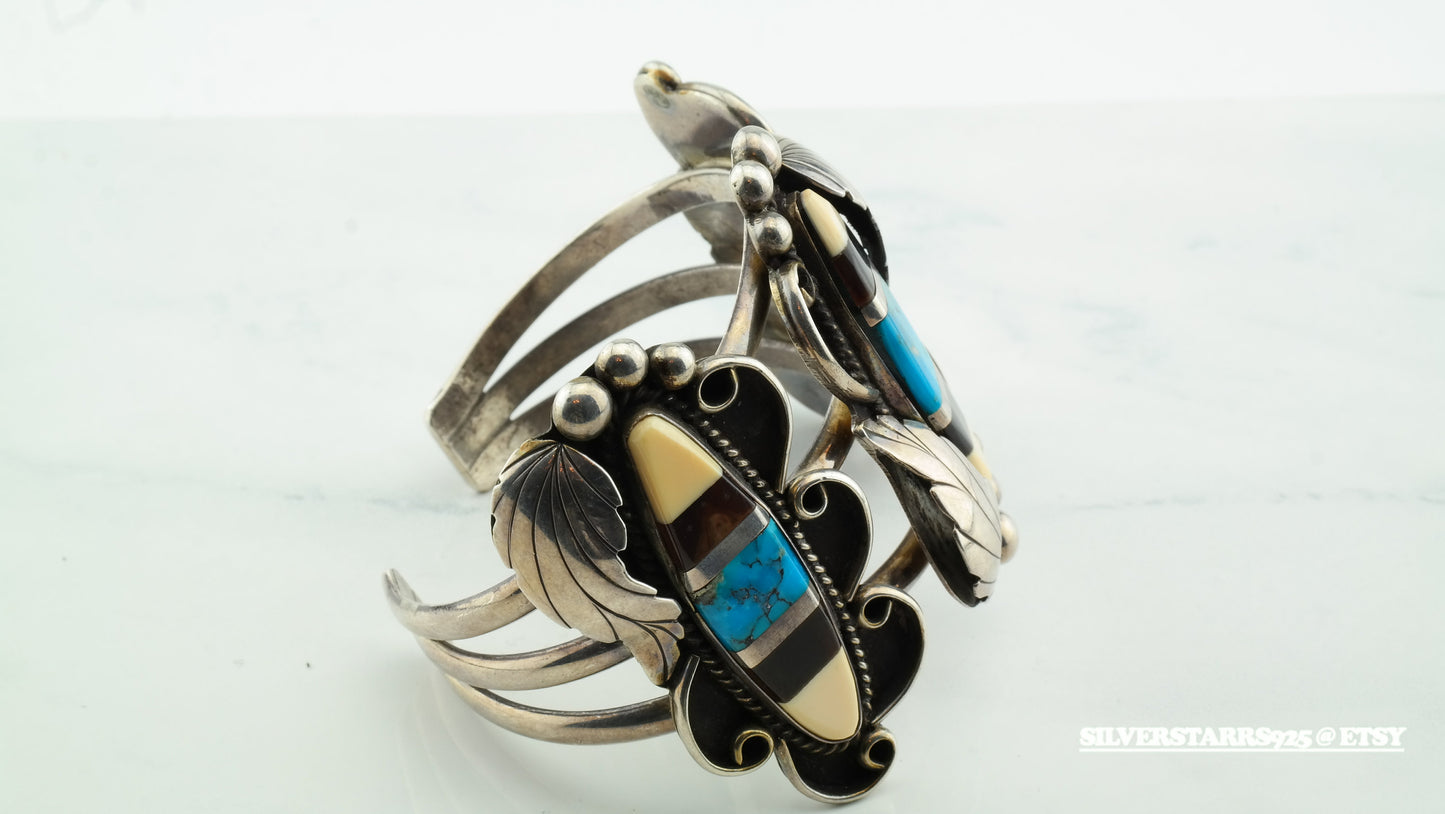Native American 1970 Sterling Silver Inlay Cuff Bracelet Turquoise & Gemstone