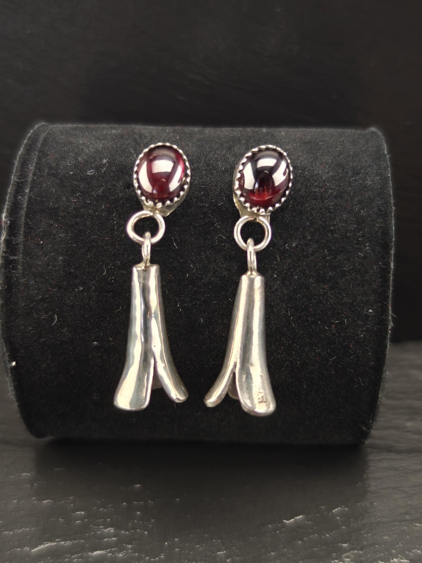 Southwest Red Dark Pyrope Garnet Squash Blossom Stud/Dangle Earrings Sterling Silver