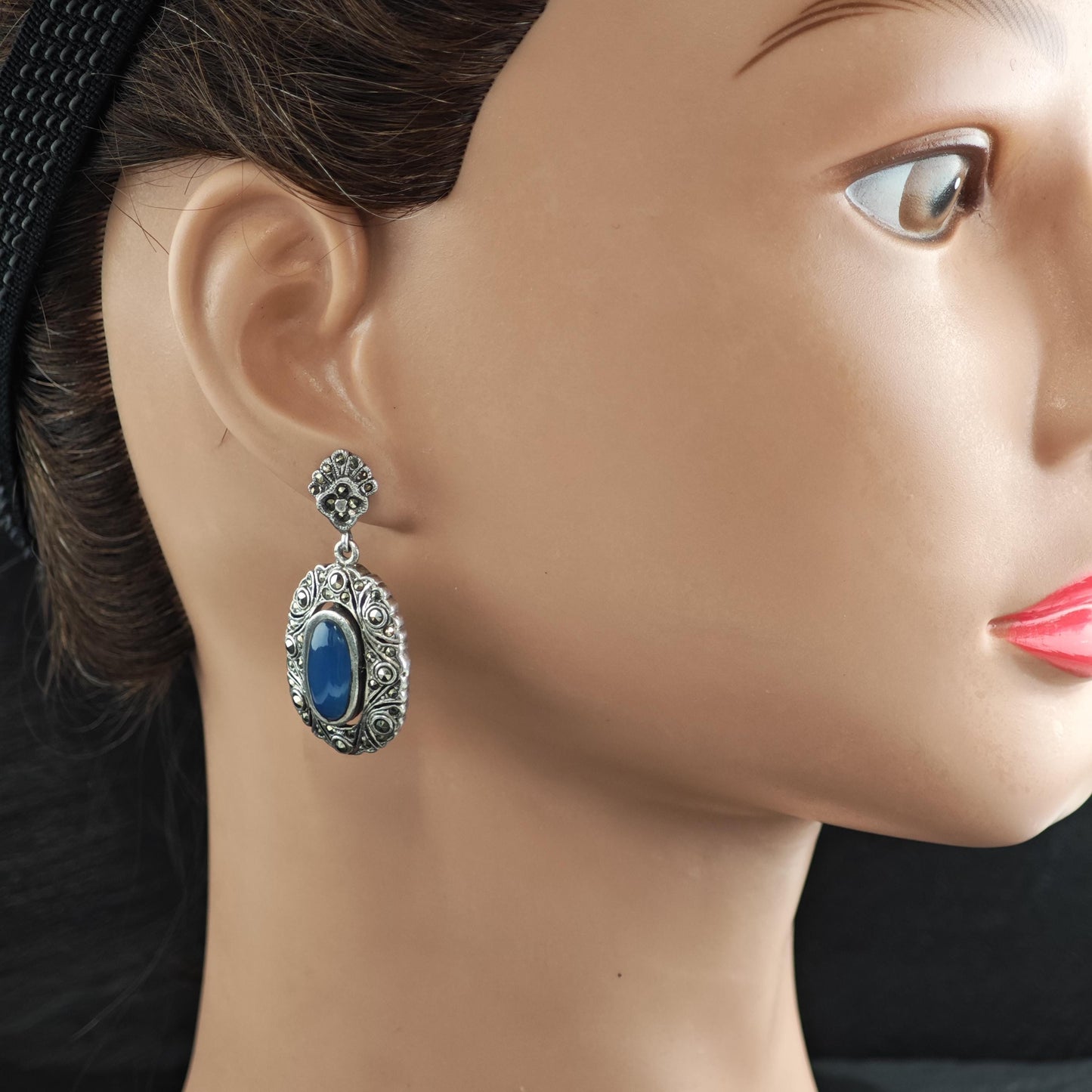 Art Deco Style Marcasite Oval Stud/Dangle Sterling Silver Earrings ER3182