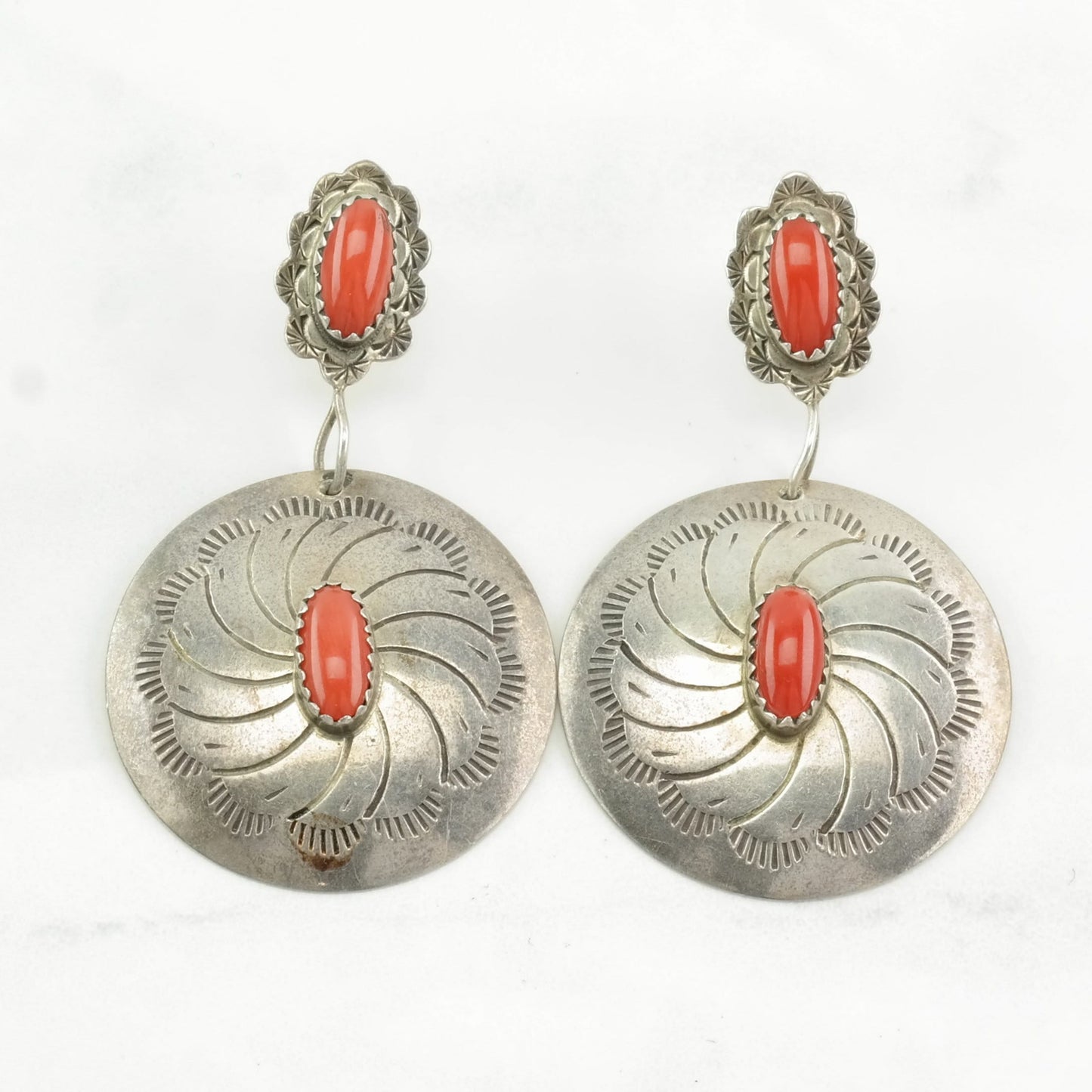 Native American Sterling Silver Red Coral Stamped, Shield Earrings Stud, Dangle