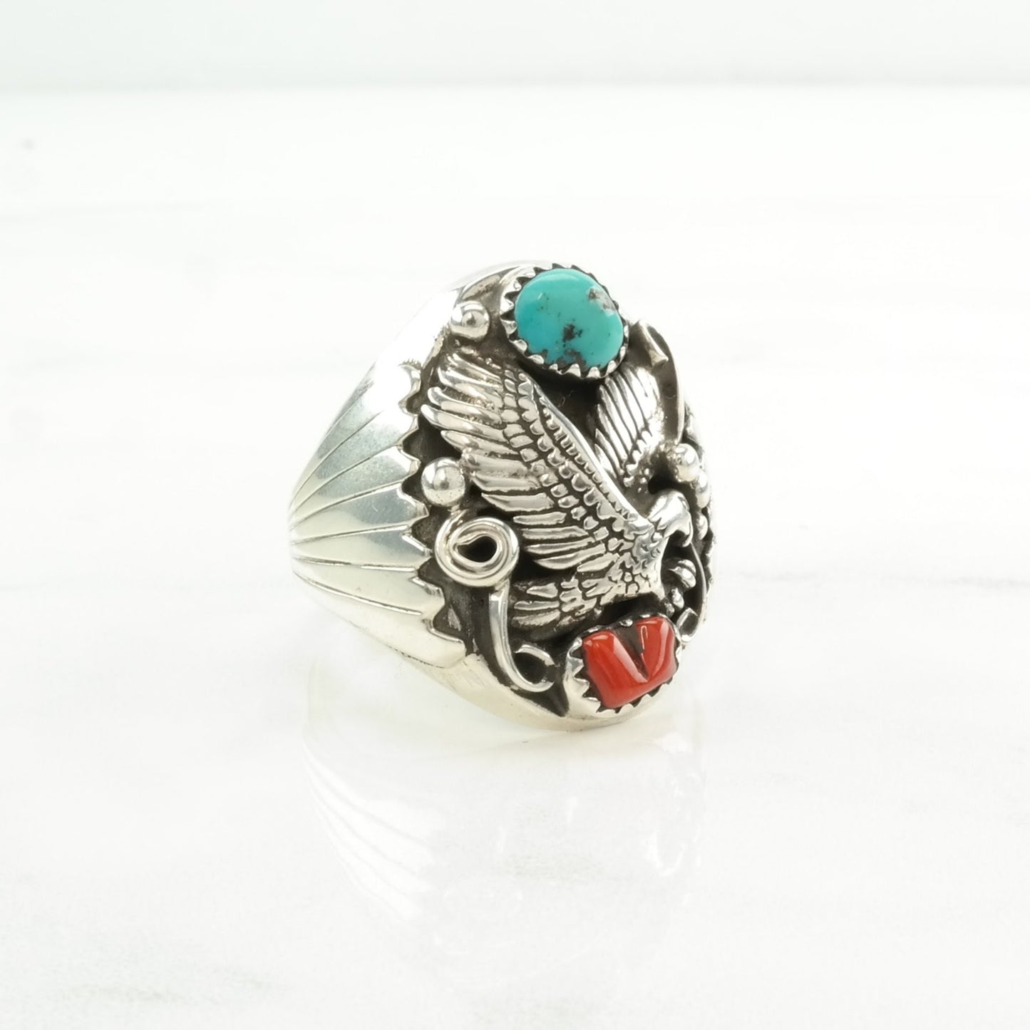 Native American Silver Ring Turquoise, Coral Eagle Sterling Red, Blue Size 12 1/4