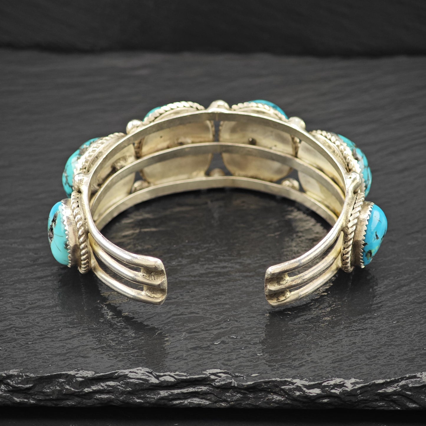 Vintage SW Six Spiderweb Turquoise Row Cuff Bracelet Sterling Silver Sz 6 1/2"