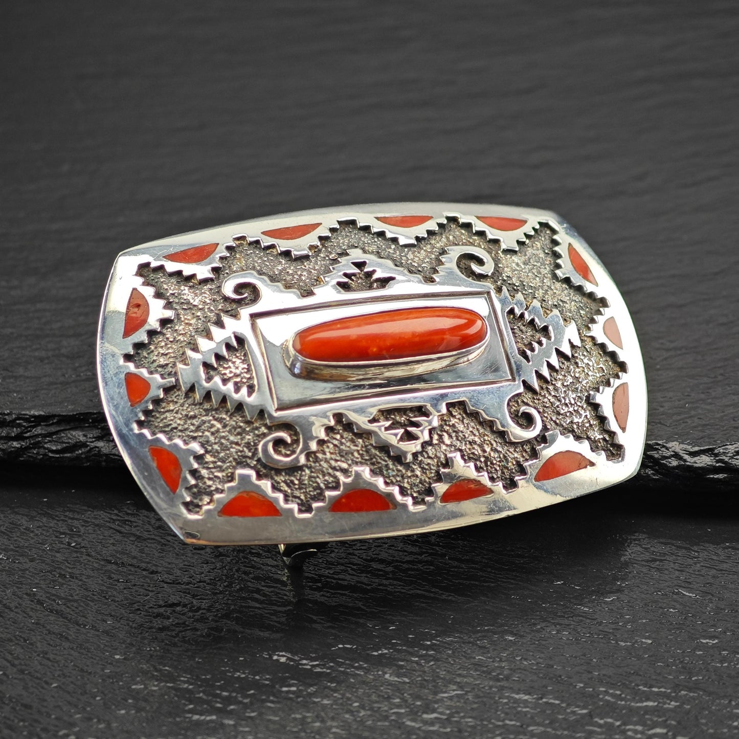Red Coral Belt Buckle by Michael Perry Sterling Silver Native American Jewelry