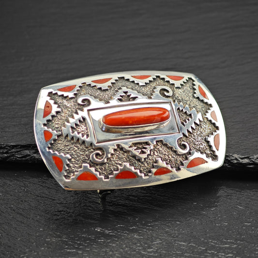 Red Coral Belt Buckle by Michael Perry Sterling Silver Native American Jewelry