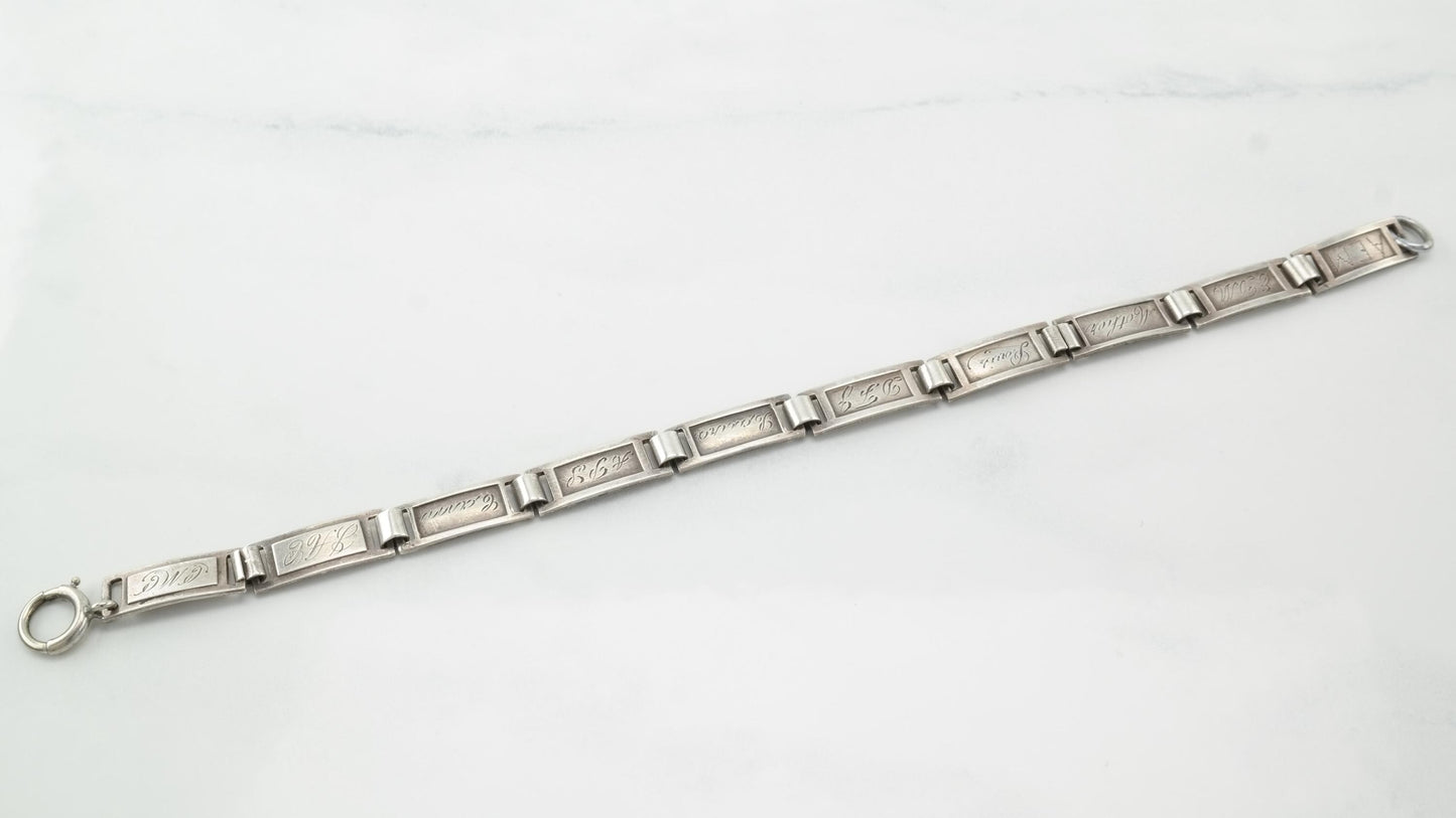 Art Deco Sterling Silver Link Bracelet Engraved Initials Names