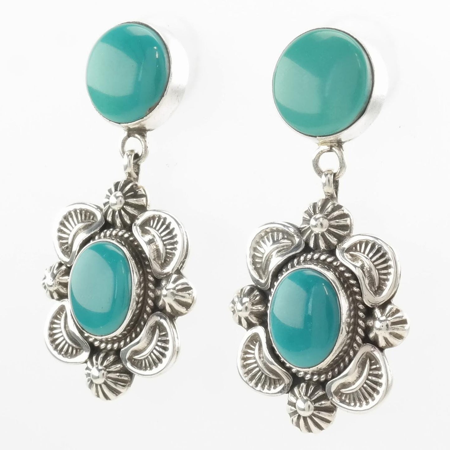 Navajo Sterling Silver Blue Turquoise Floral Earrings Stud, Dangle