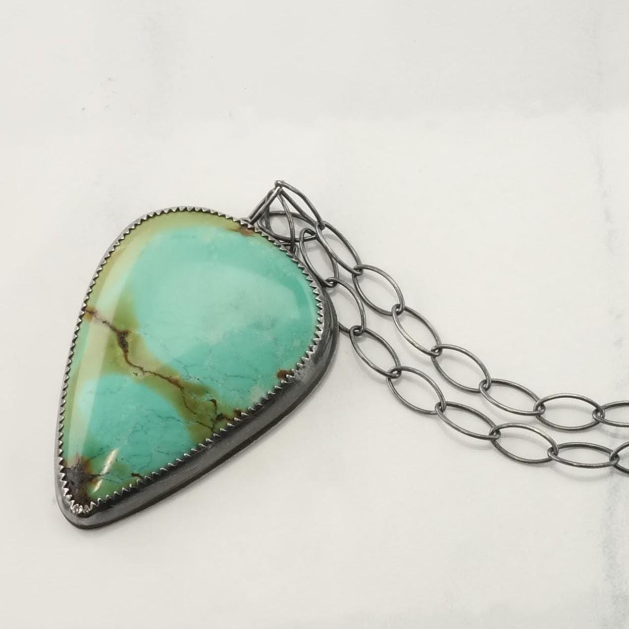 Sterling Silver & Turquoise Pendant Necklace | Vintage Southwestern Jewelry | Teardrop Turquoise | Oxidized Silver