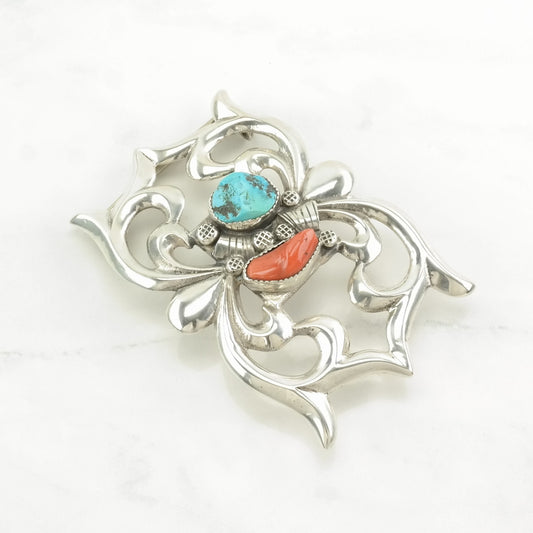 Native American Blue, Red, Turquoise, Coral Sterling Silver, Belt Buckle