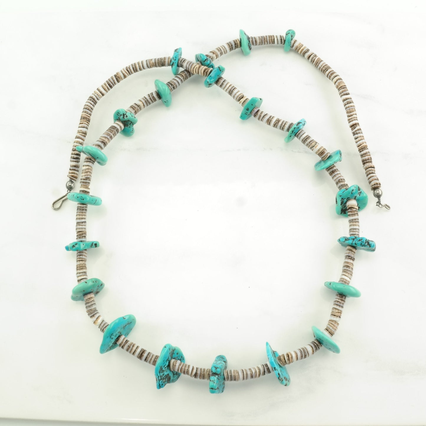 Santo Domingo Sterling Silver Blue Turquoise Shell, Heishi Necklace