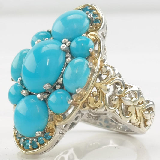 Vintage STS Ring Turquoise Apatite Two Tone Sterling Silver Size 7