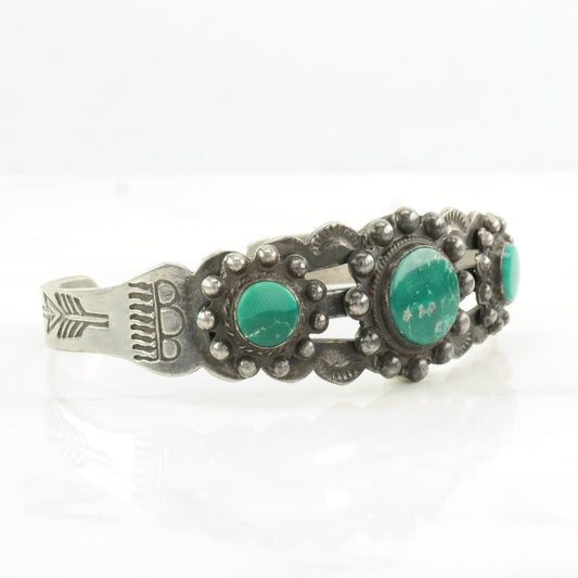 Fred Harvey Era Sterling Silver Cuff Bracelet Green Pilot Mountain, Turquoise Floral