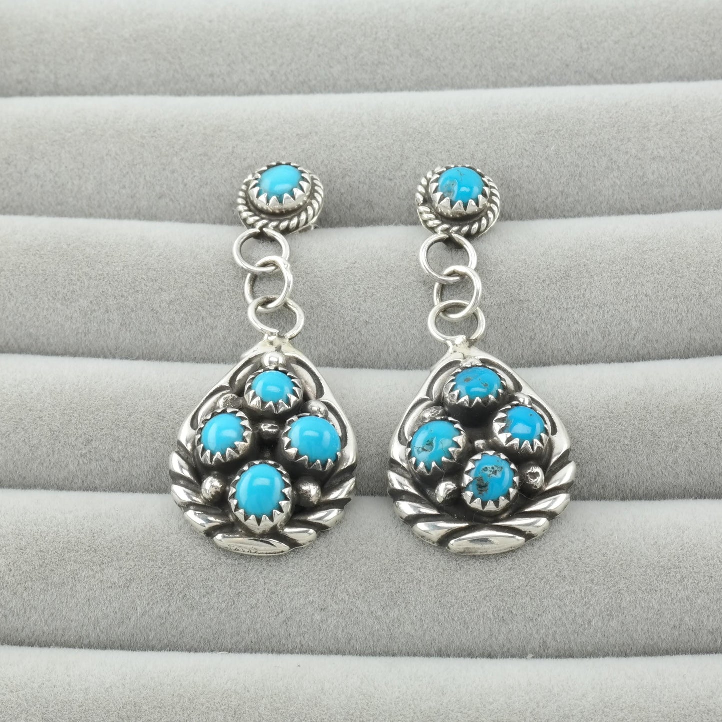 Vintage Native American Turquoise Stud Dangle Earrings Cluster Sterling Silver Blue Raindrop